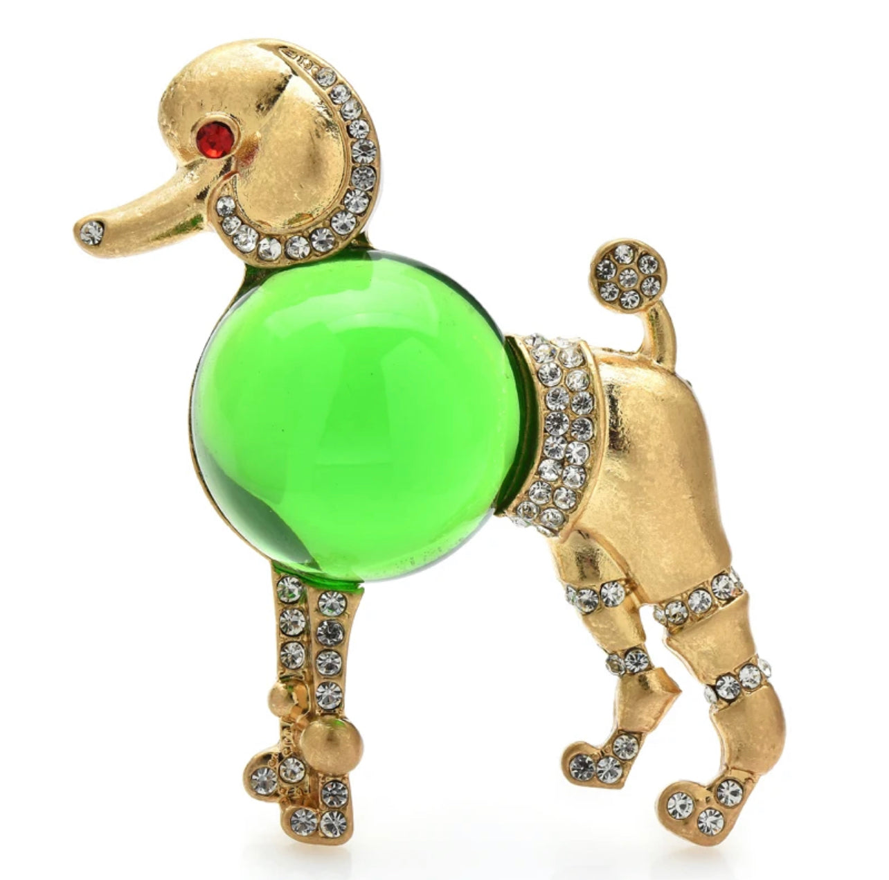 Gold Green Body Poodle Crystal Brooch with sparkling green crystals and gold details