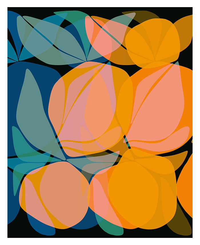 Abstract Citrus #1 botanical art print showing layered citrus shapes in vibrant orange and yellow tones on a muted background.