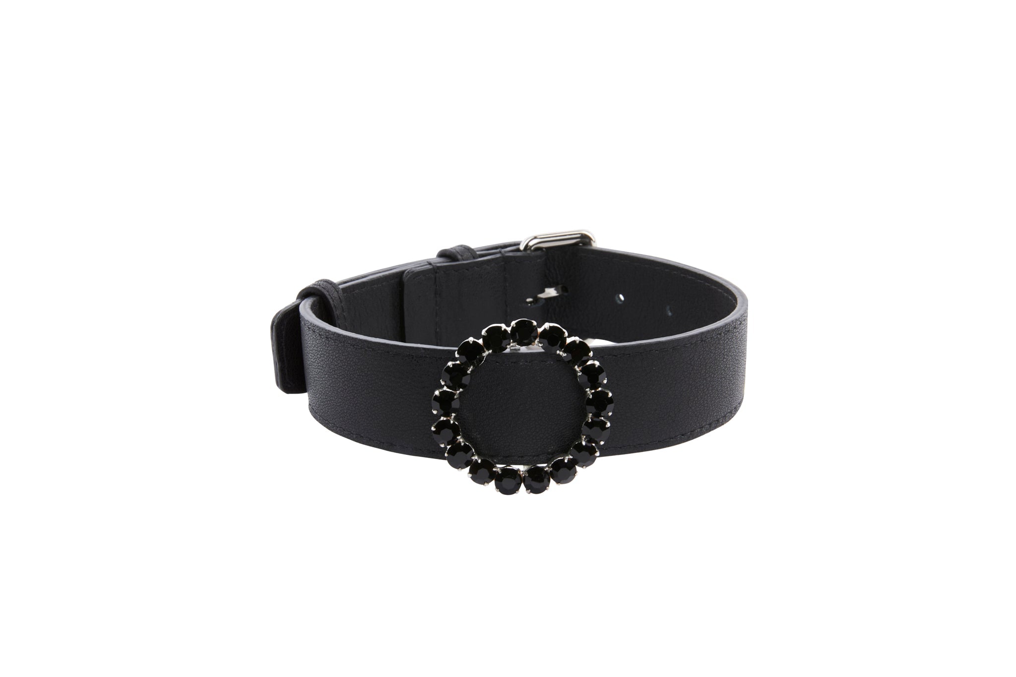 Black Italian Leather Collar With Authentic Crystal Ring/Reversible