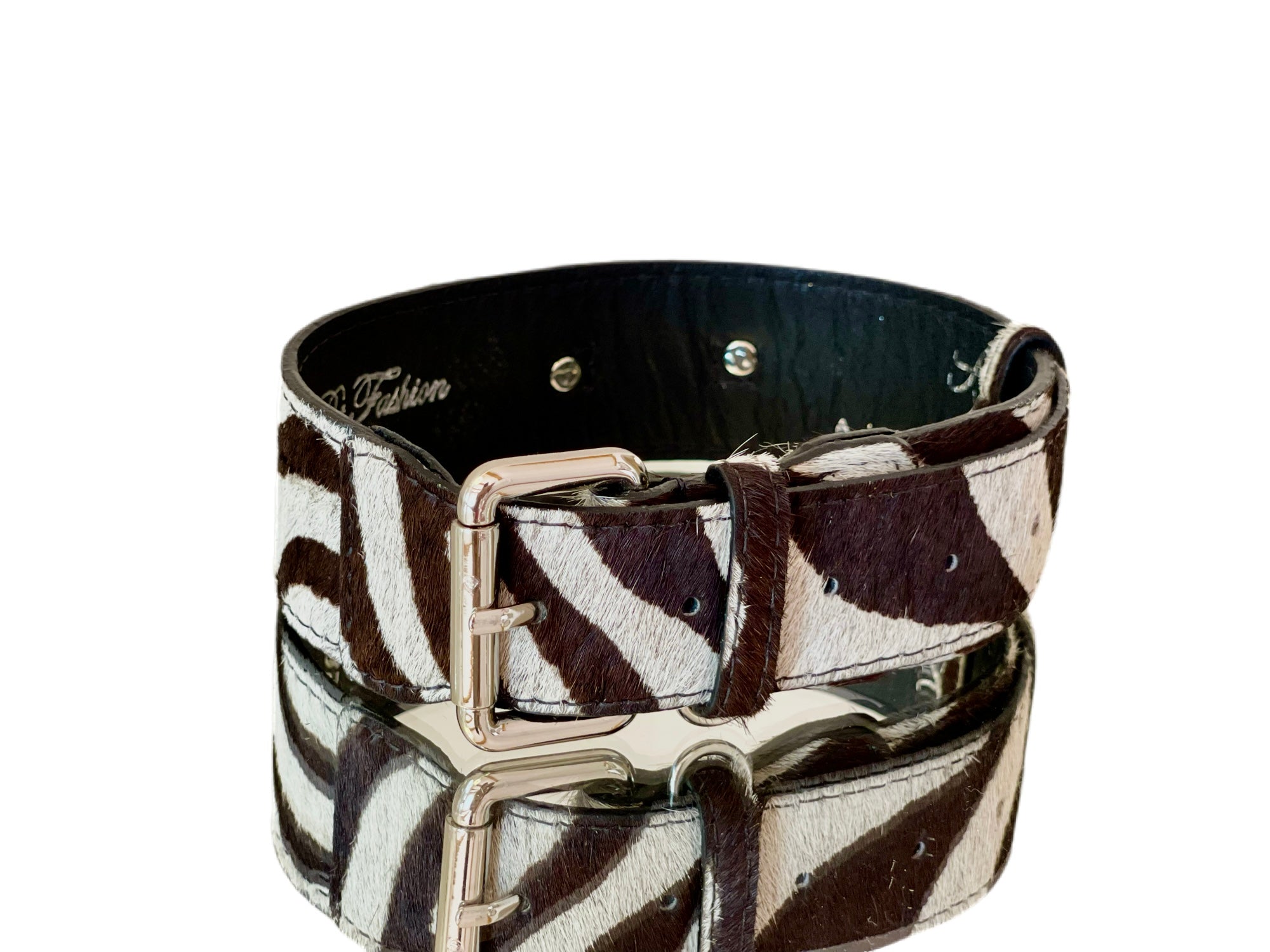 Luxury pet collar in zebra print hair on hide Italian leather featuring classic hardware