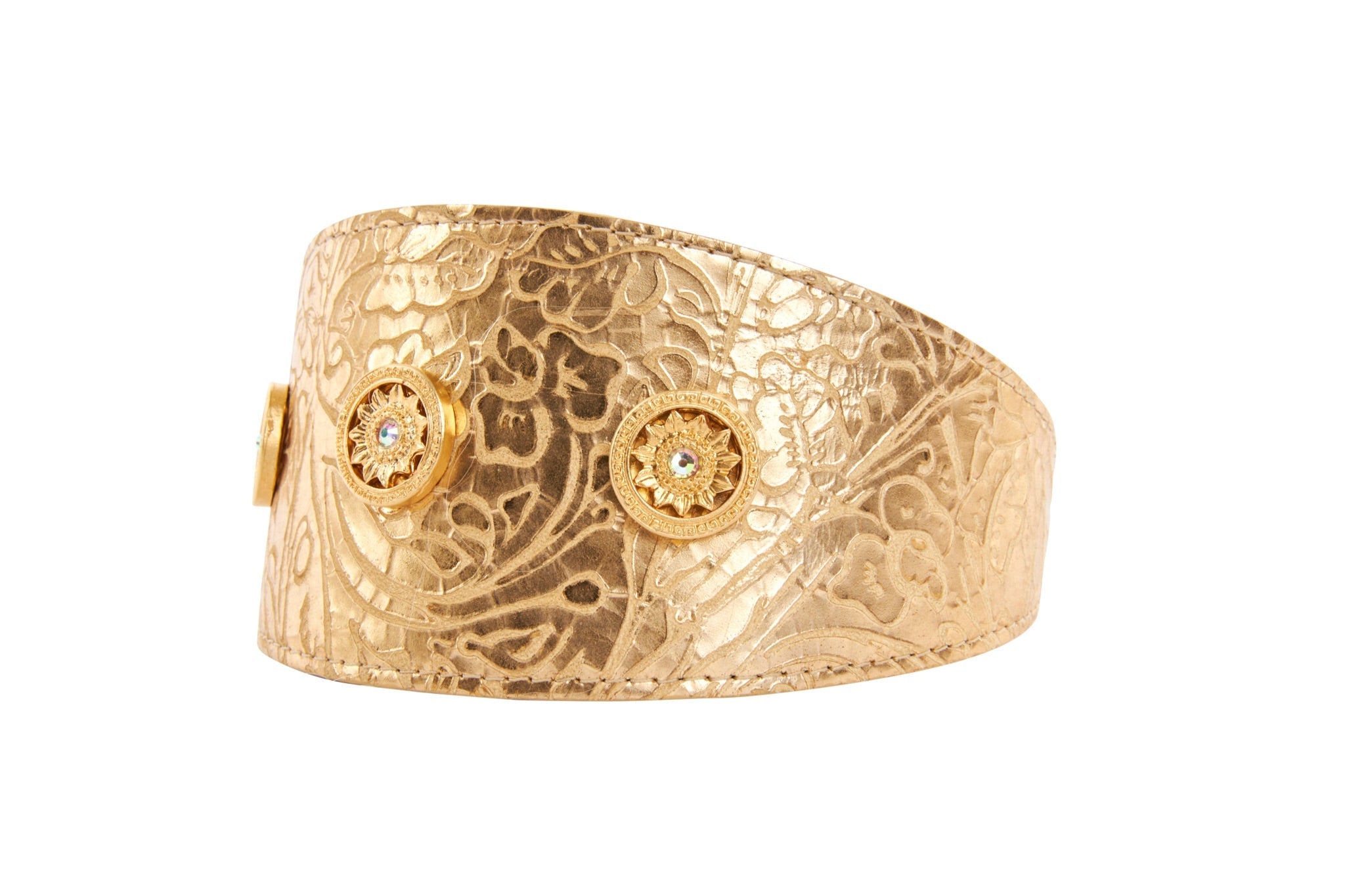 Gold Floral Print Italian Leather With Gold Sunflower Rivets by Allysa Payne Beverly Hills - main product image for Resin Society