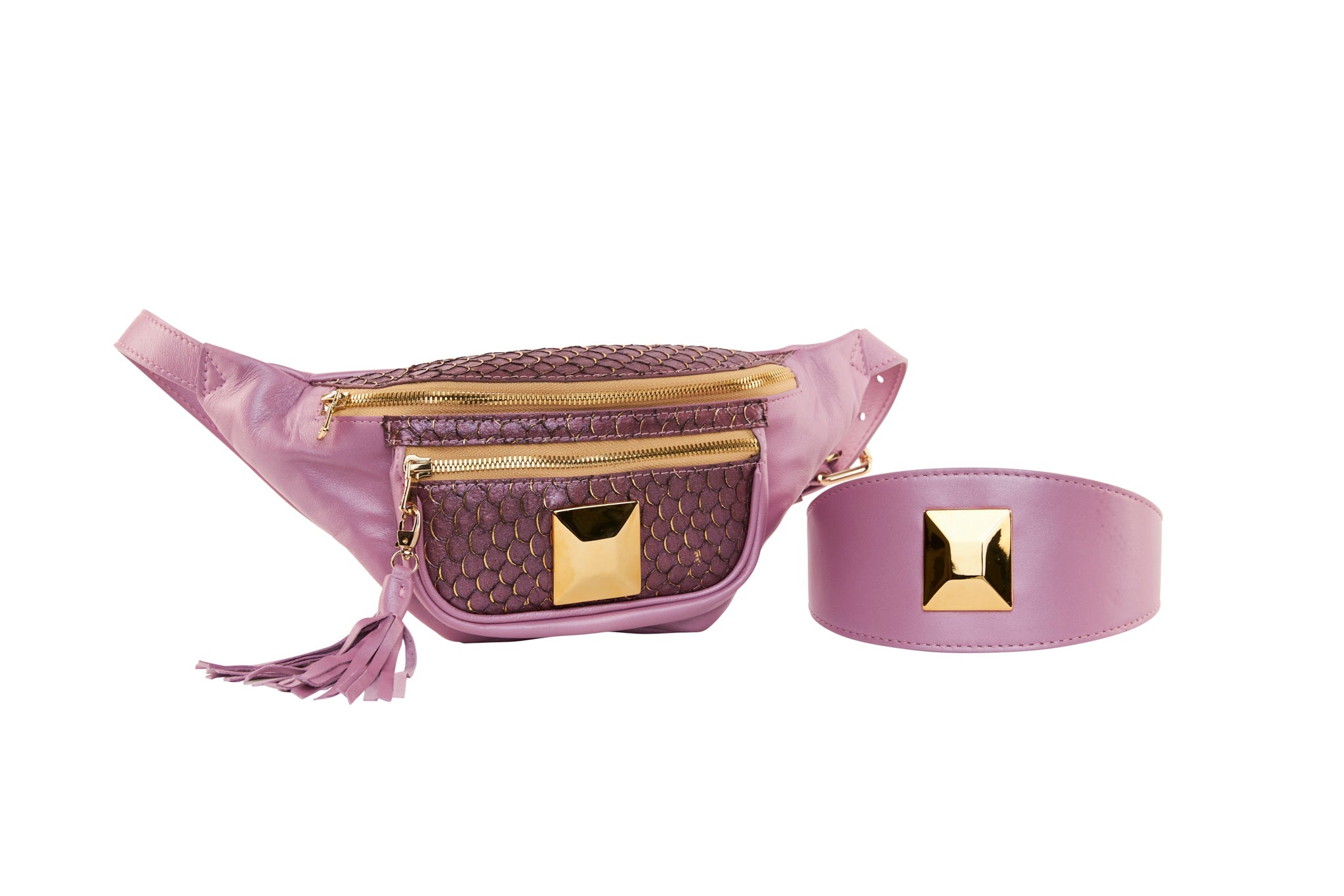 Pearl Purple Italian Leather/Purple Tilapia Fanny Pack With Large Gold by Allysa Payne Beverly Hills - product image 3 for Resin Society