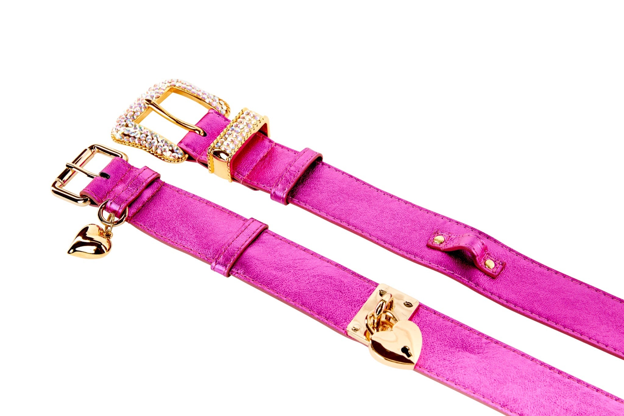 Pink foiled Italian leather pet collar with Swarovski crystals and heart locket detail