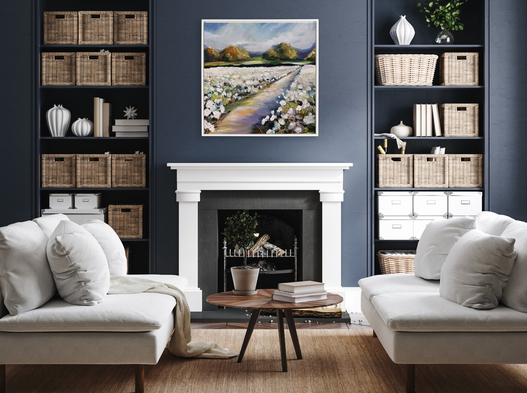 Sylvie Beaded Land of Cotton Framed Canvas by Mary Sparrow
