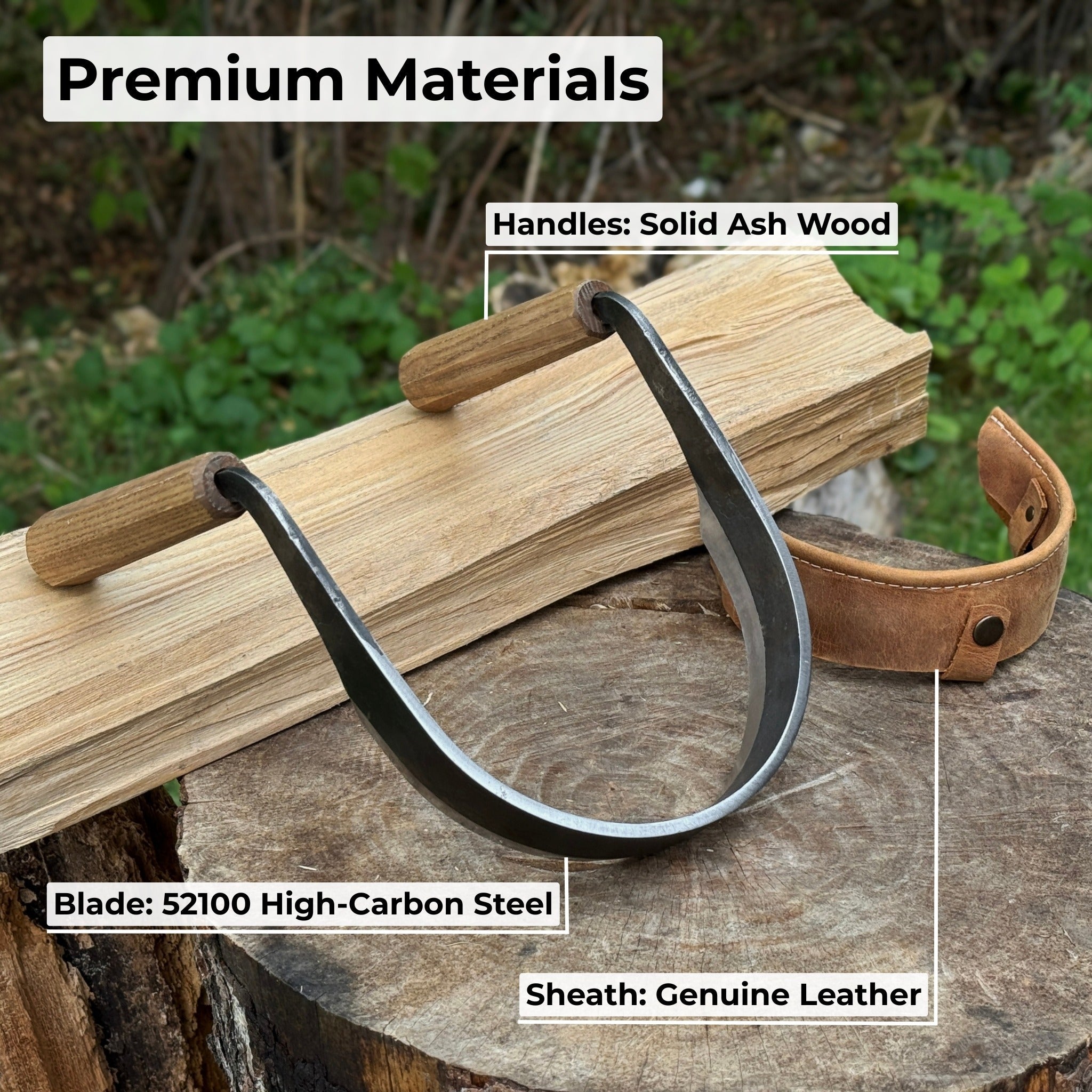 Inshave Half-Rounded Drawknife 16.5 cm with ash wood handles and leather sheath