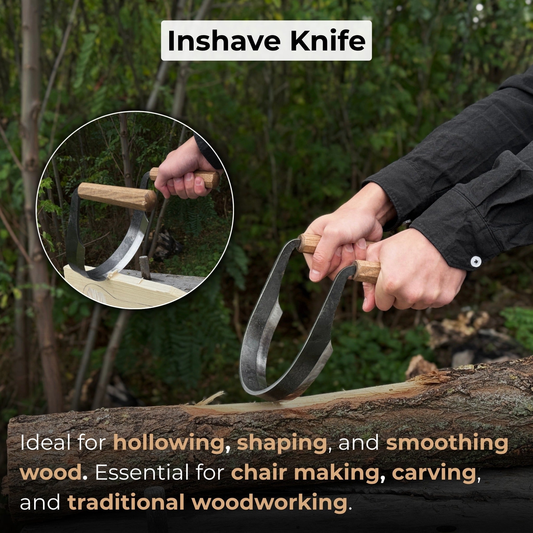 Inshave Half-Rounded Drawknife 16.5 cm with ash wood handles and leather sheath