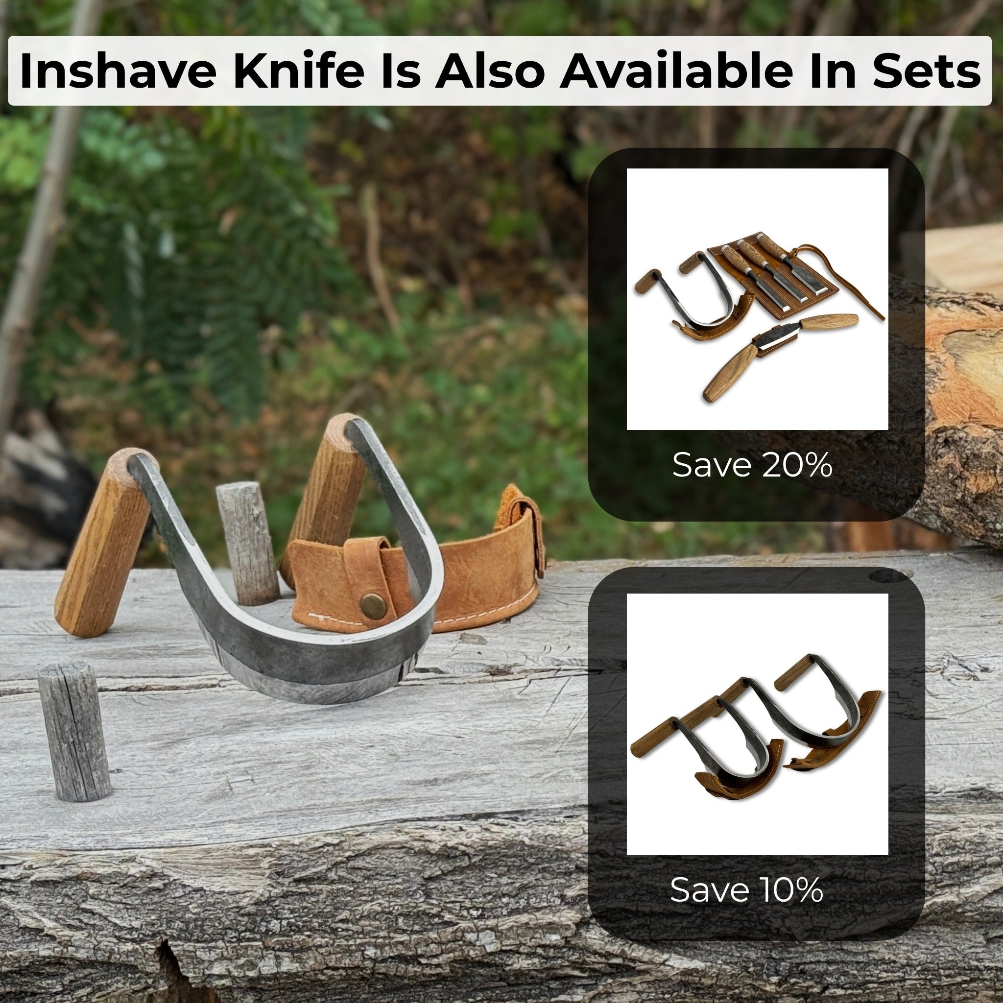 Inshave Half-Rounded Drawknife 9.5 cm by Sharky Forged Steel Tools with ash wood handles and leather sheath