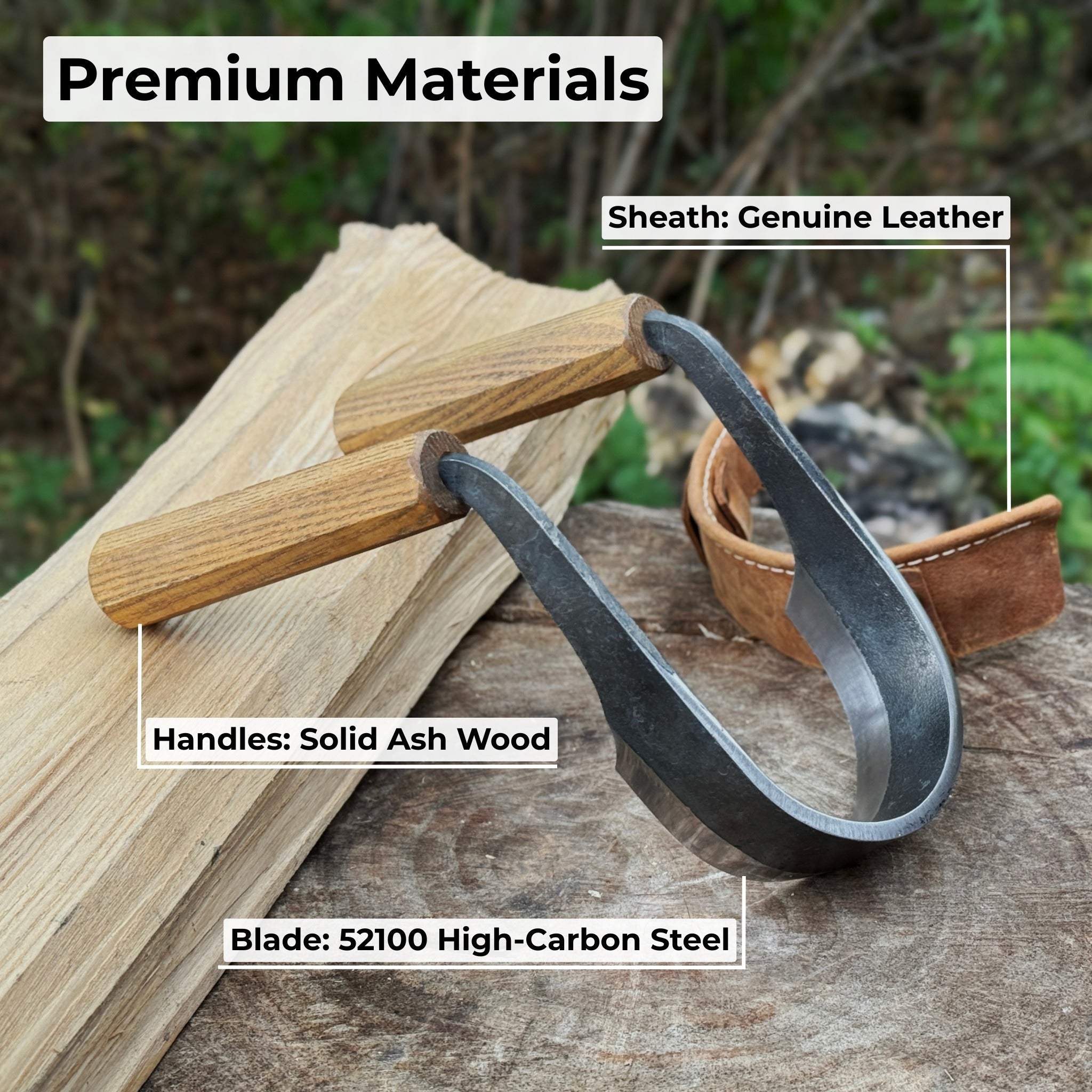 Inshave Half-Rounded Drawknife 9.5 cm by Sharky Forged Steel Tools with ash wood handles and leather sheath