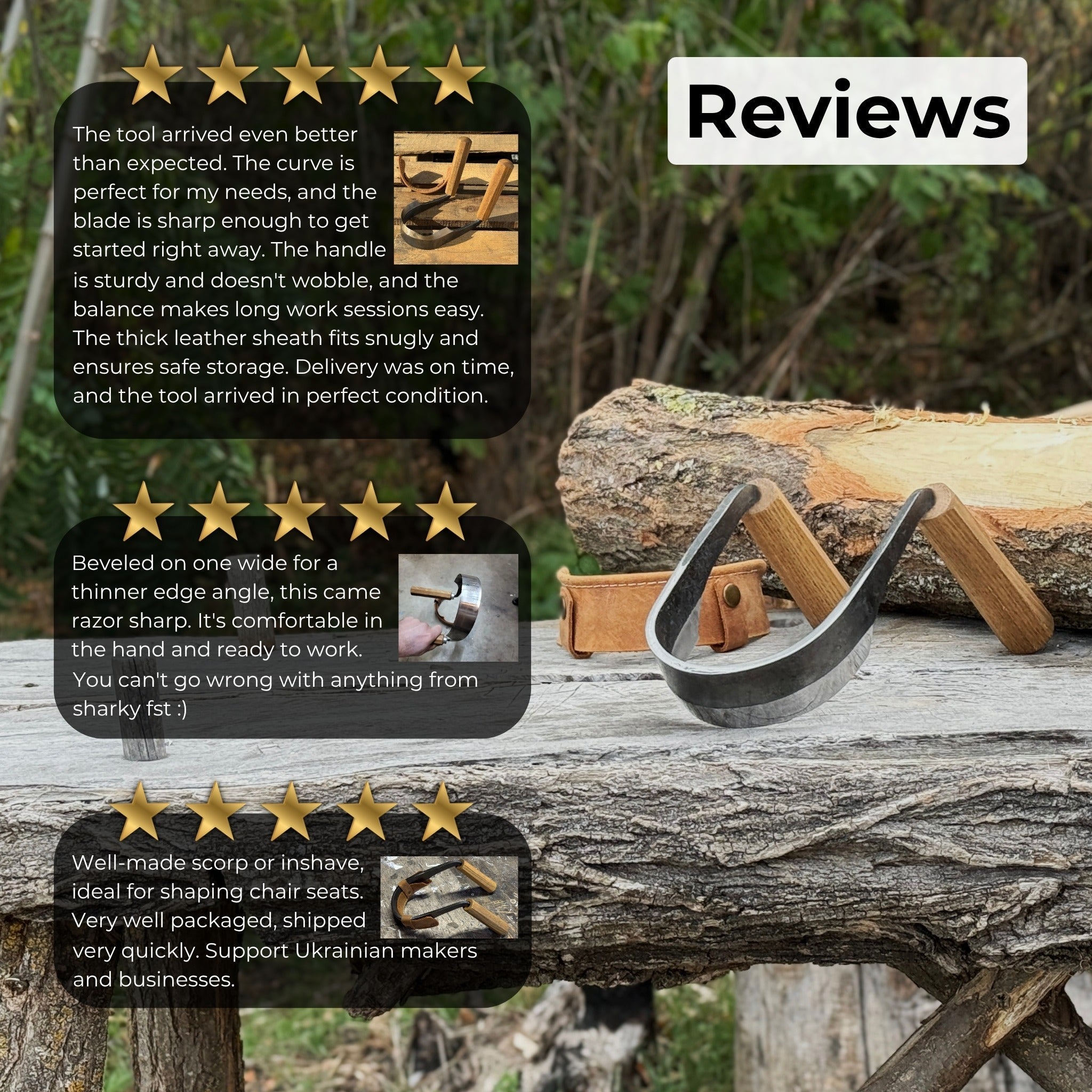 Inshave Half-Rounded Drawknife 9.5 cm by Sharky Forged Steel Tools with ash wood handles and leather sheath