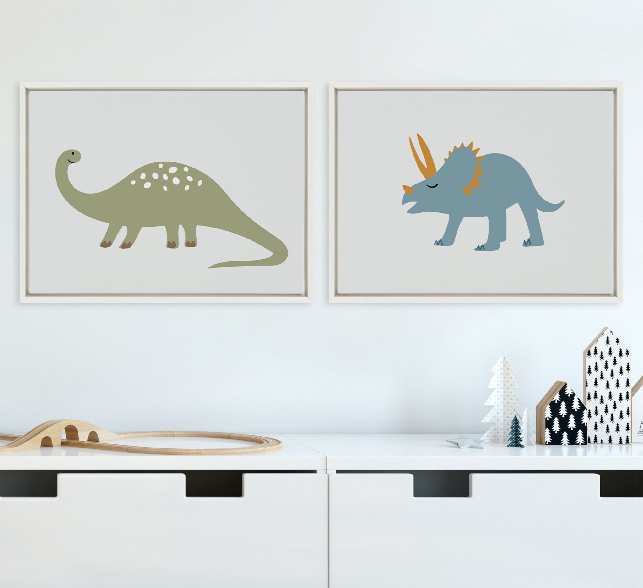 Sylvie 1013 Brontosaurus and 1013 Triceratops Framed Canvas Art Set by Teju Reval of SnazzyHues