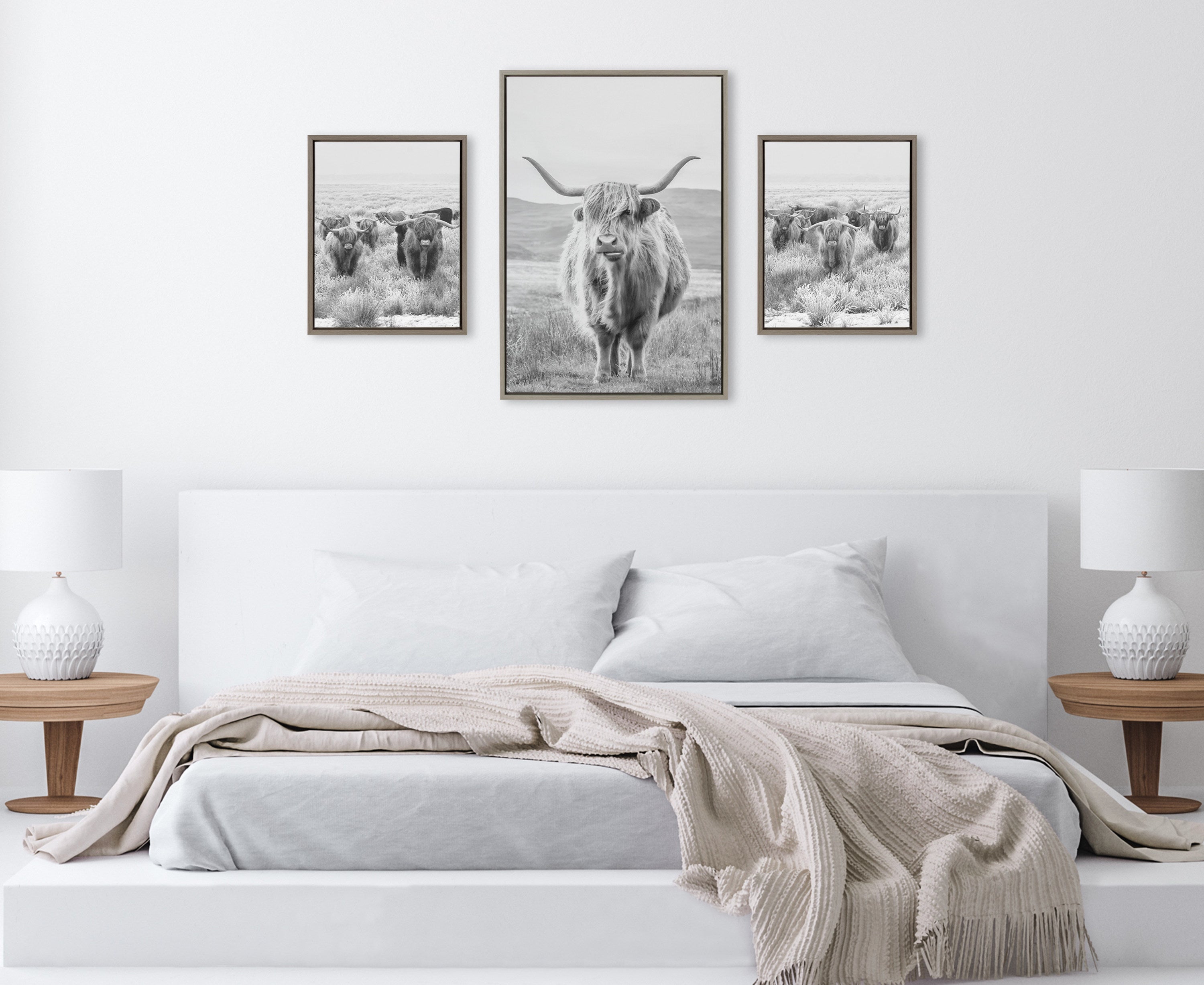 Sylvie Herd of Highland Cows BW Framed Canvas Art Set by The Creative Bunch Studio