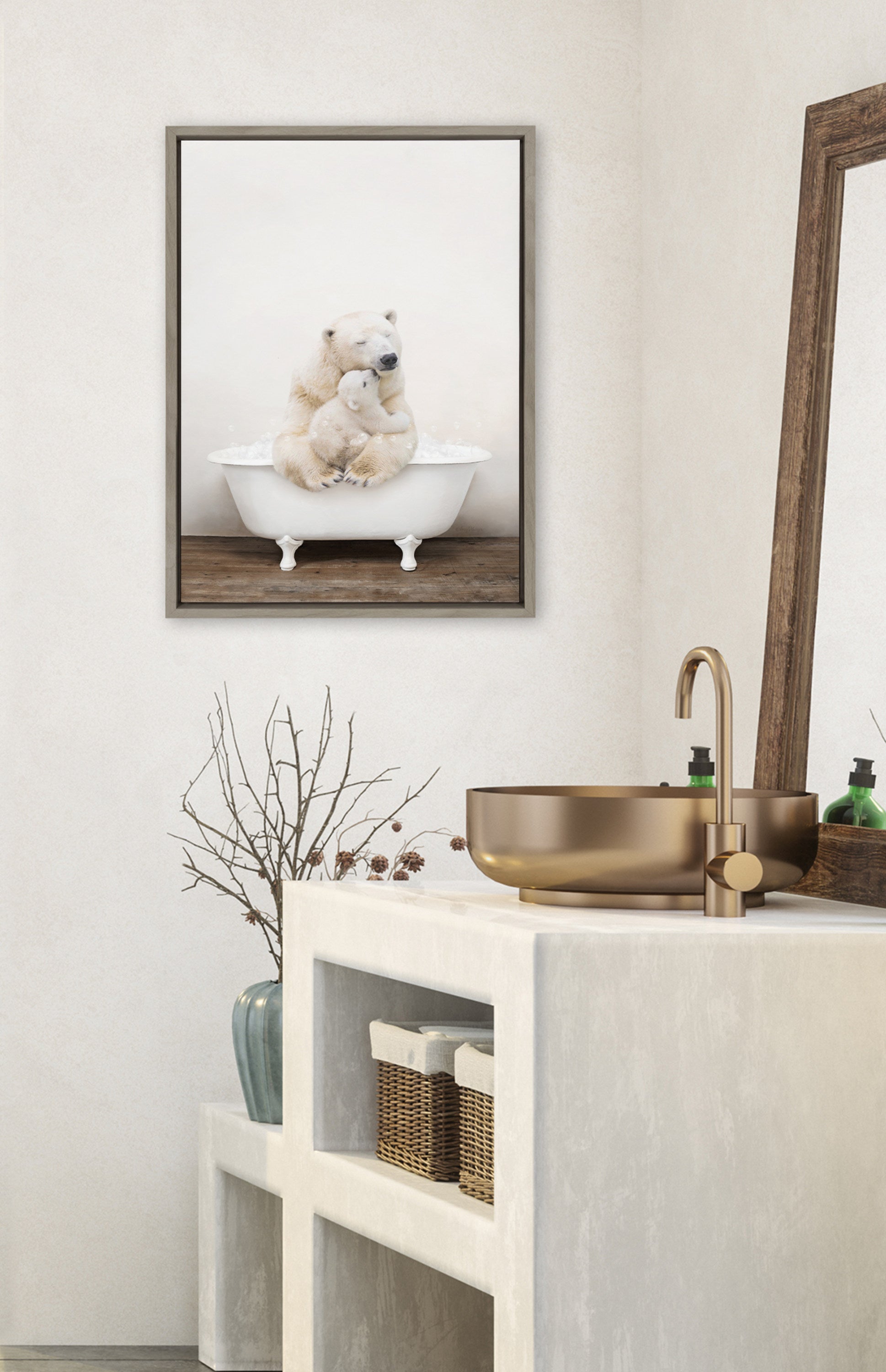 Sylvie Mother and Baby Polar Bear in Rustic Bath Framed Canvas by kateandlaurel - product image 16 for Resin Society