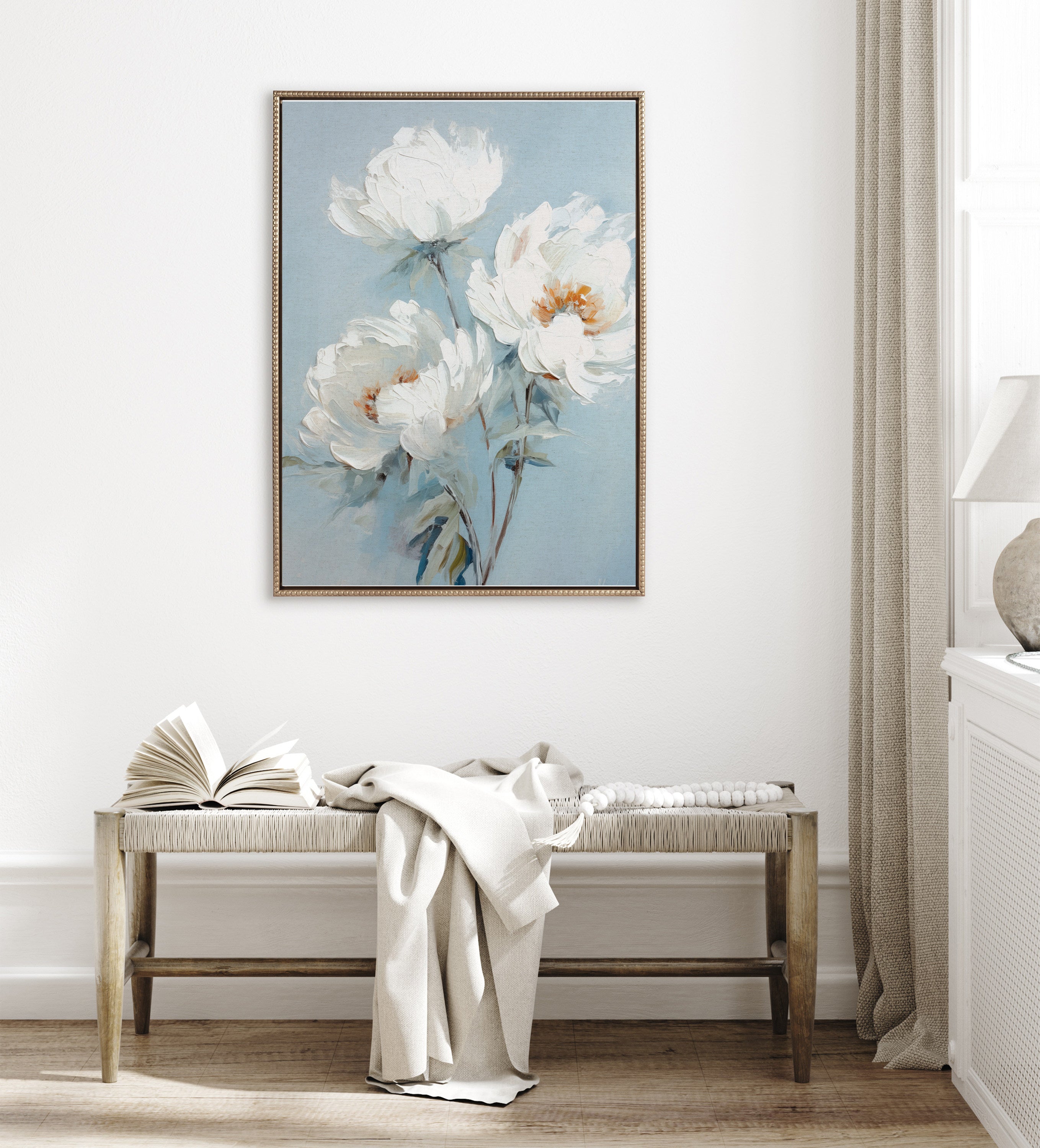 Sylvie Beaded White Peonies on Ocean Blue Framed Canvas by The Creative Bunch Studio