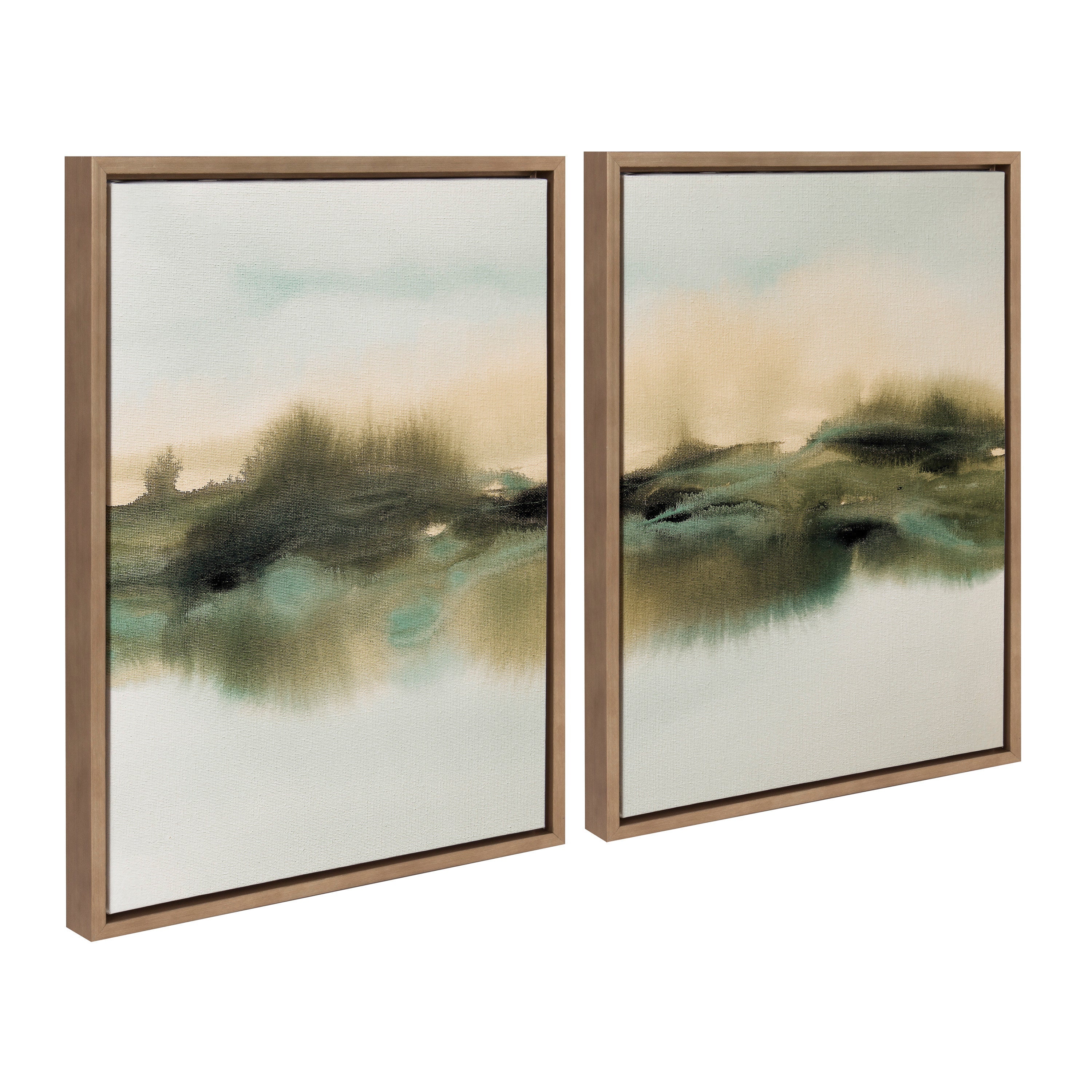 Framed canvas art set titled Sylvie Tranquil Meadows I and II by Amy Lighthall, showing calm natural scenes in a light polystyrene frame.