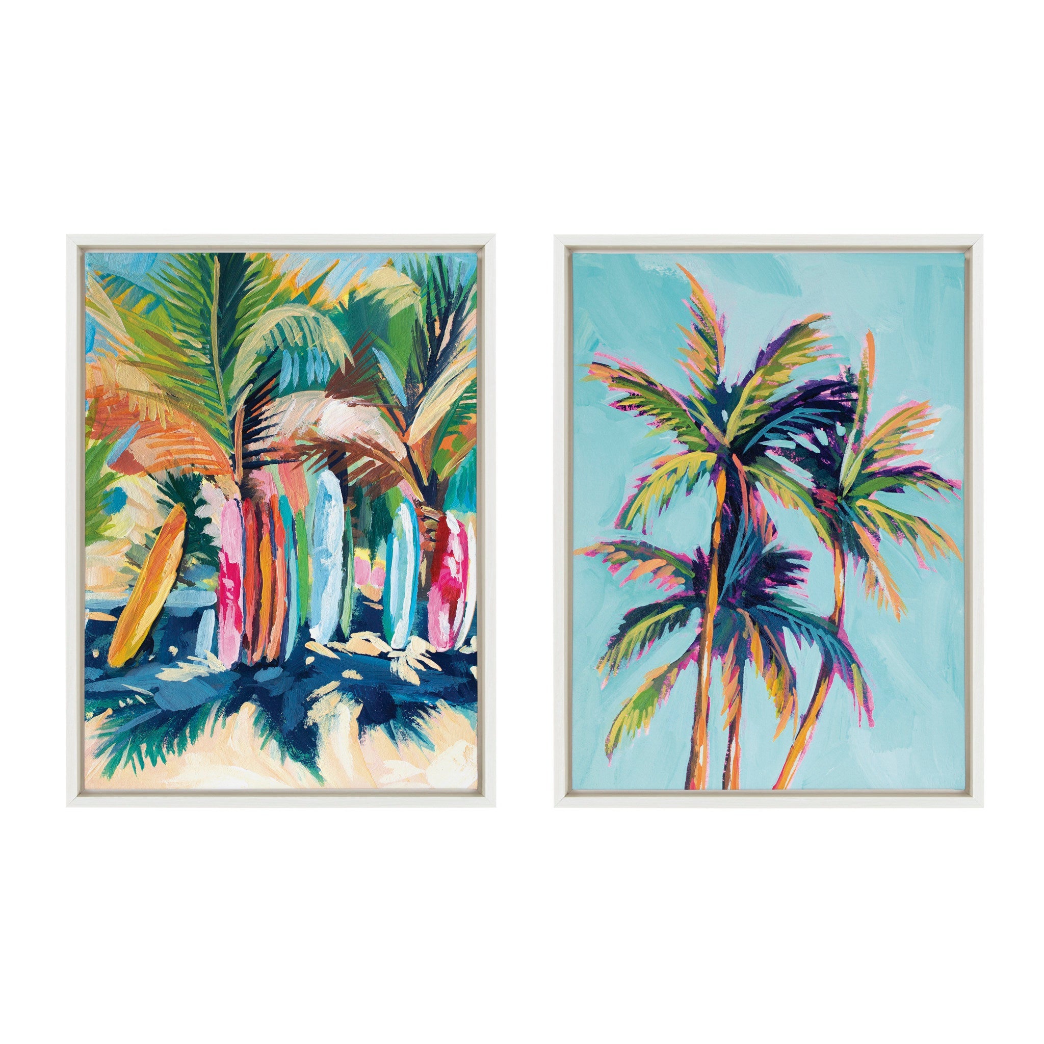 Two-piece framed canvas art featuring coastal-themed prints with surf, sand, and tropical palms in white frames