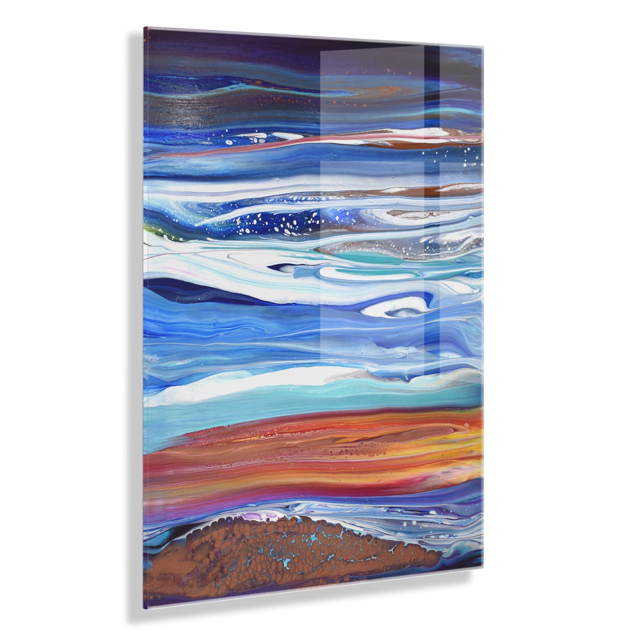 Coastal Currents Floating Acrylic Art by Xizhou Xie featuring an abstract blue and neutral color composition