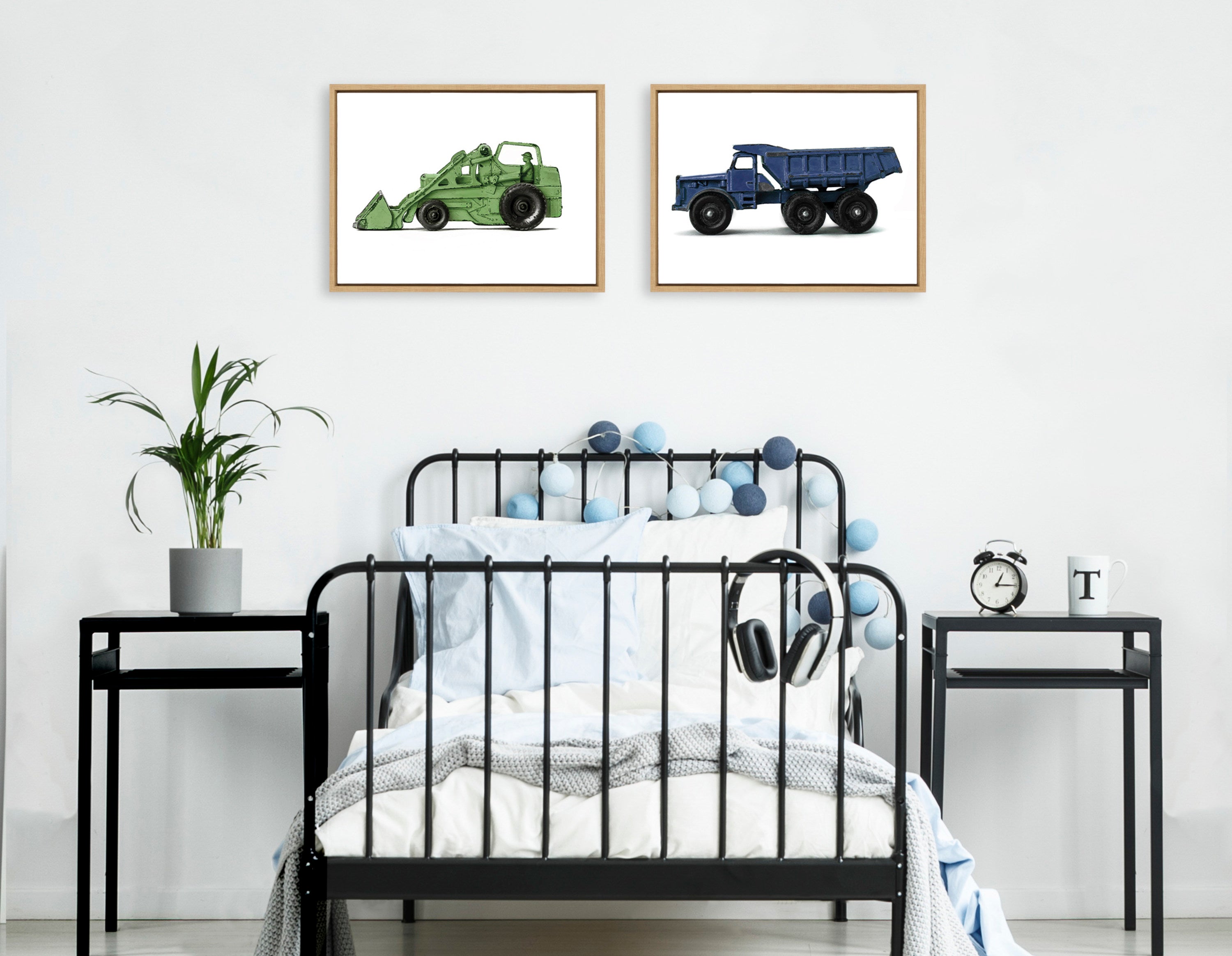 Sylvie Vintage Toy Tractor and Dump Truck Framed Canvas Art Set by Saint and Sailor Studios