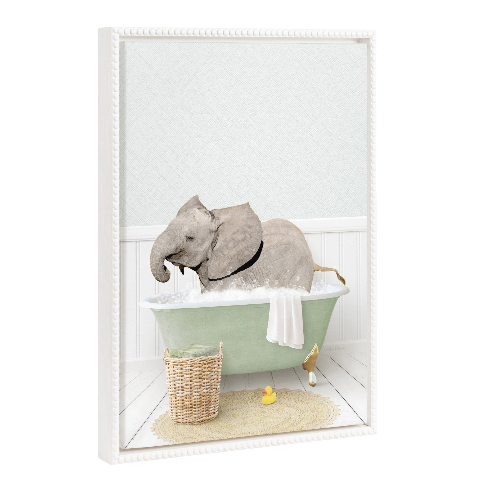 Framed canvas art titled Sylvie Beaded Baby Elephant Side in Cottage Bath by Amy Peterson showing a baby elephant in a cottage bath scene in a white vintage beaded frame.