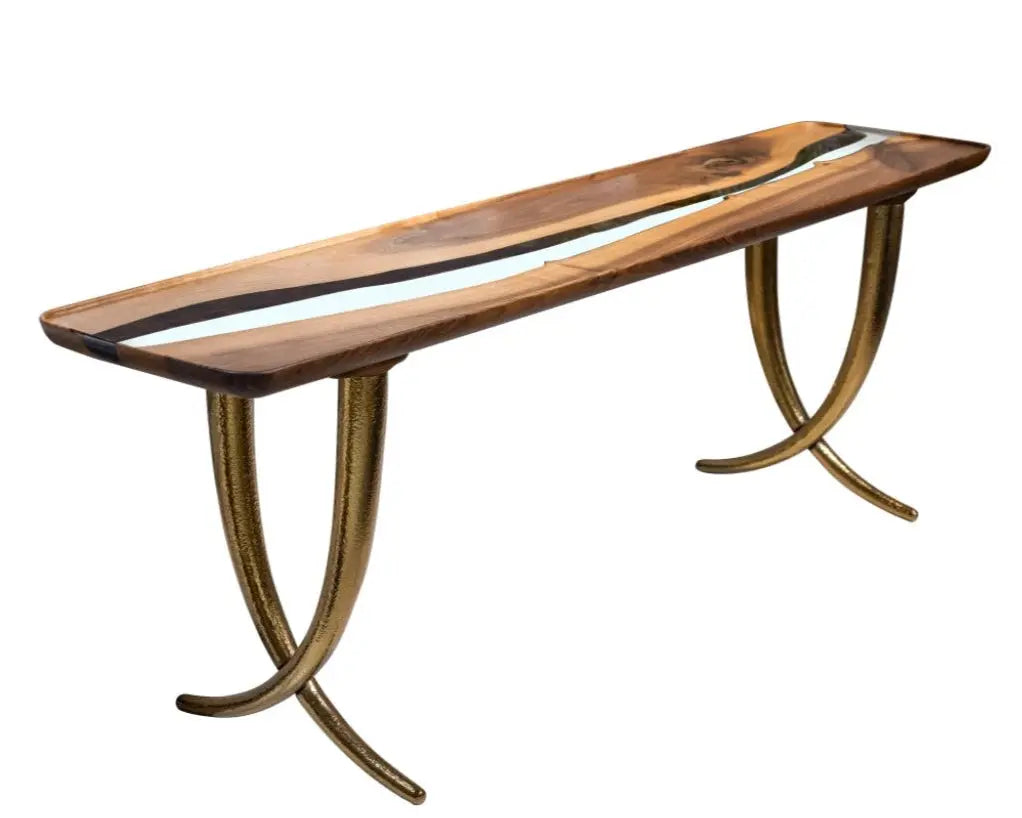 Ivory Collection epoxy resin sofa and console table made of walnut wood with golden aluminum legs