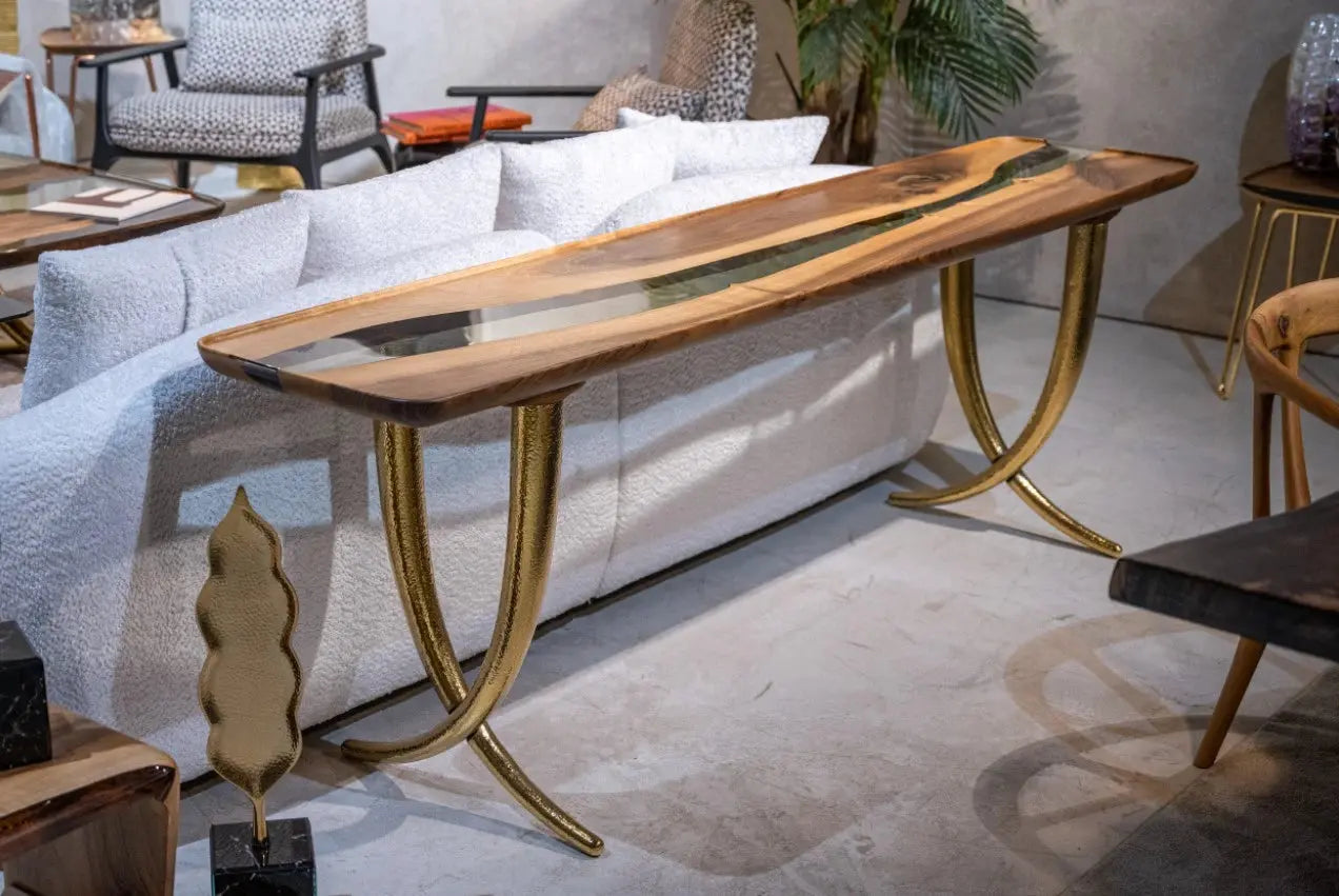 Ivory Collection epoxy resin sofa and console table made of walnut wood with golden aluminum legs