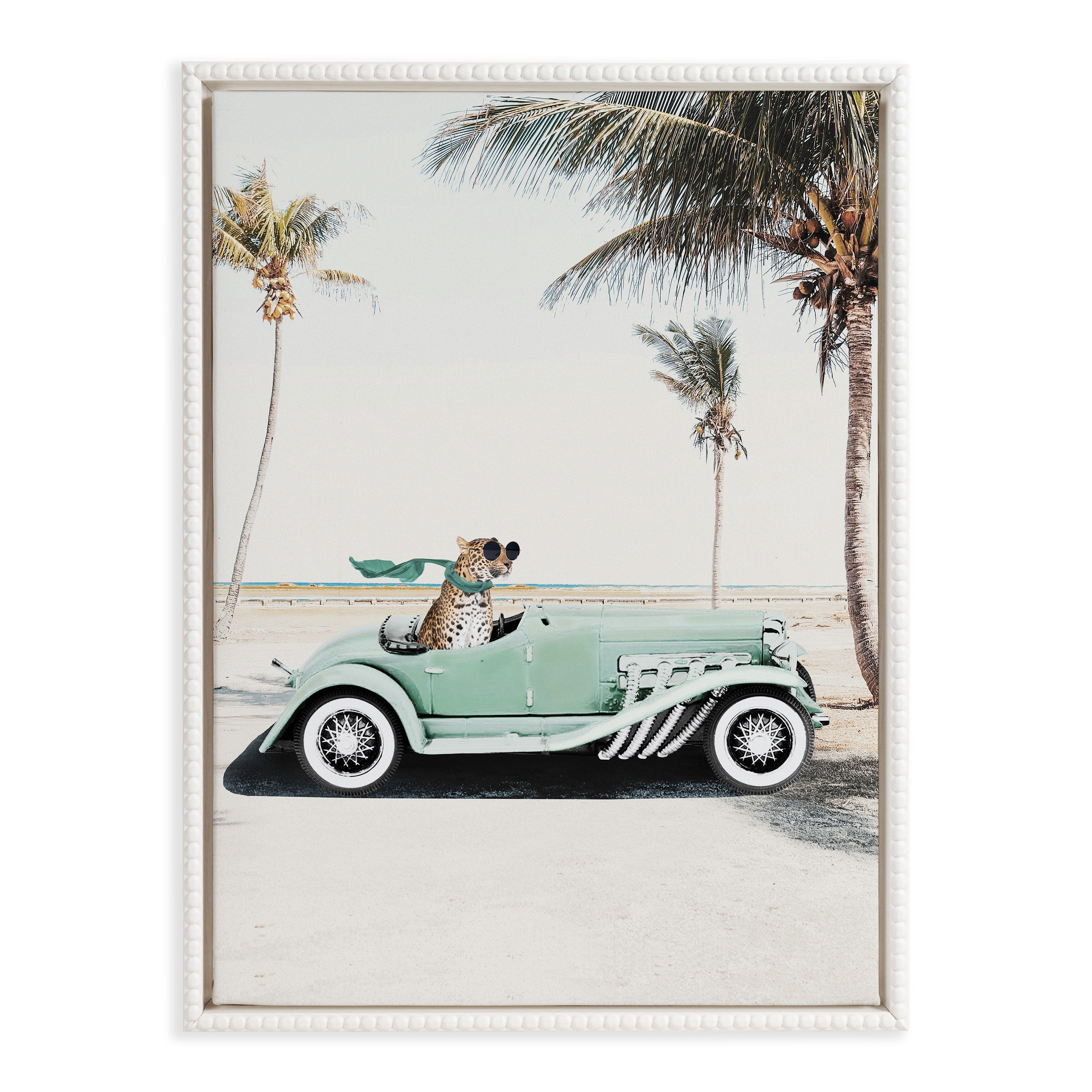 Sylvie Beaded Leopard in Car Beach Palms Framed Canvas by July Art Prints