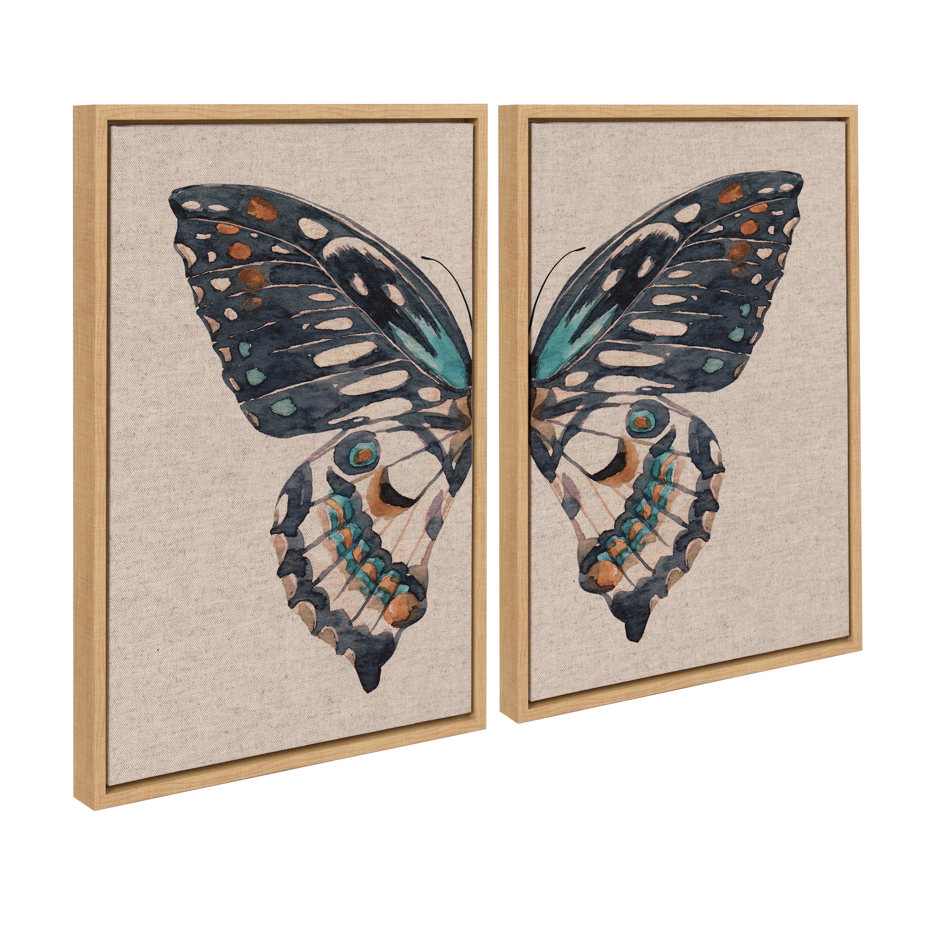 Sylvie Boho Butterfly Watercolor Diptych Neutral Linen Framed Canvas Art Set by The Creative Bunch Studio by kateandlaurel
