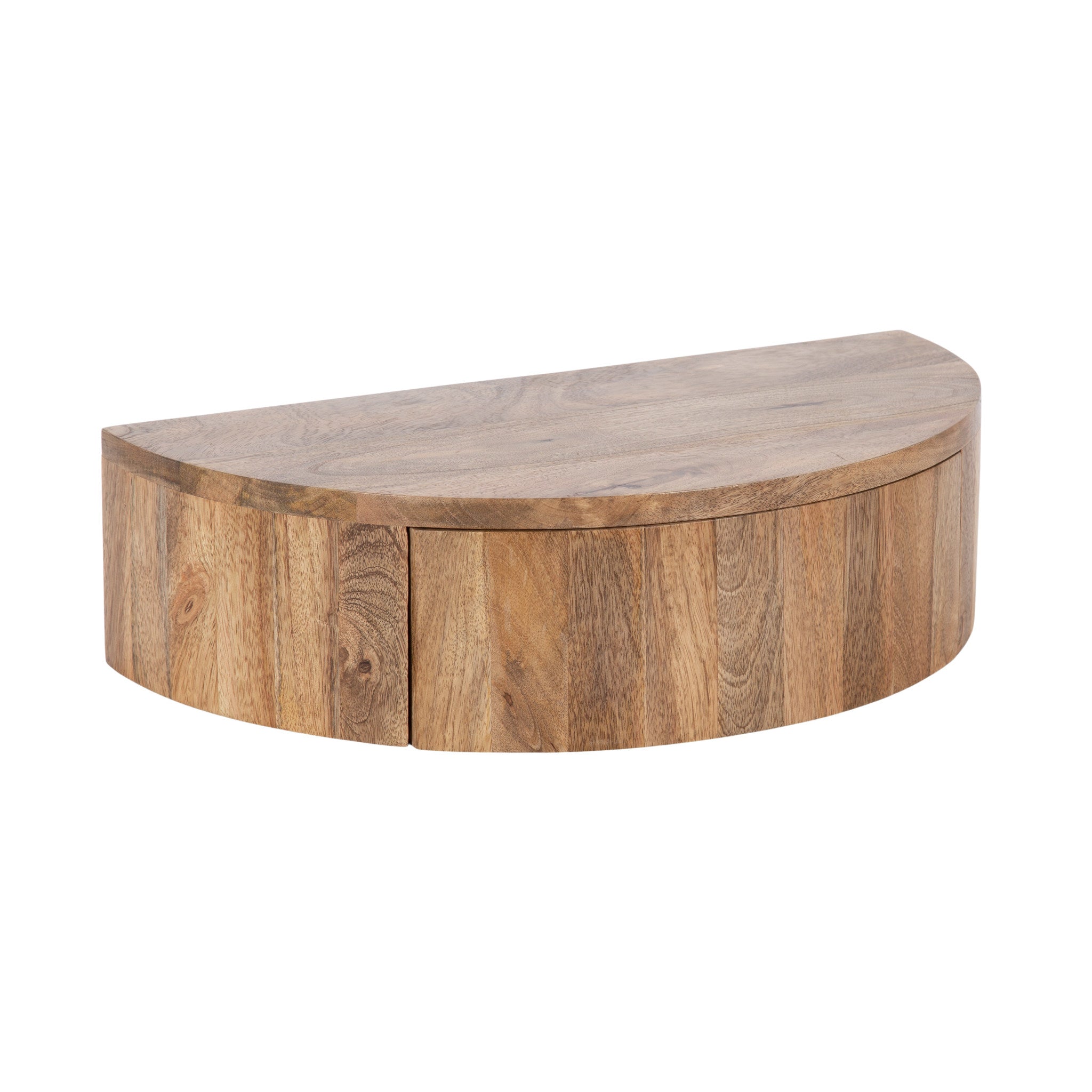 Reid Floating Wood Side Table in Natural finish, showing the smooth curved design and drawer