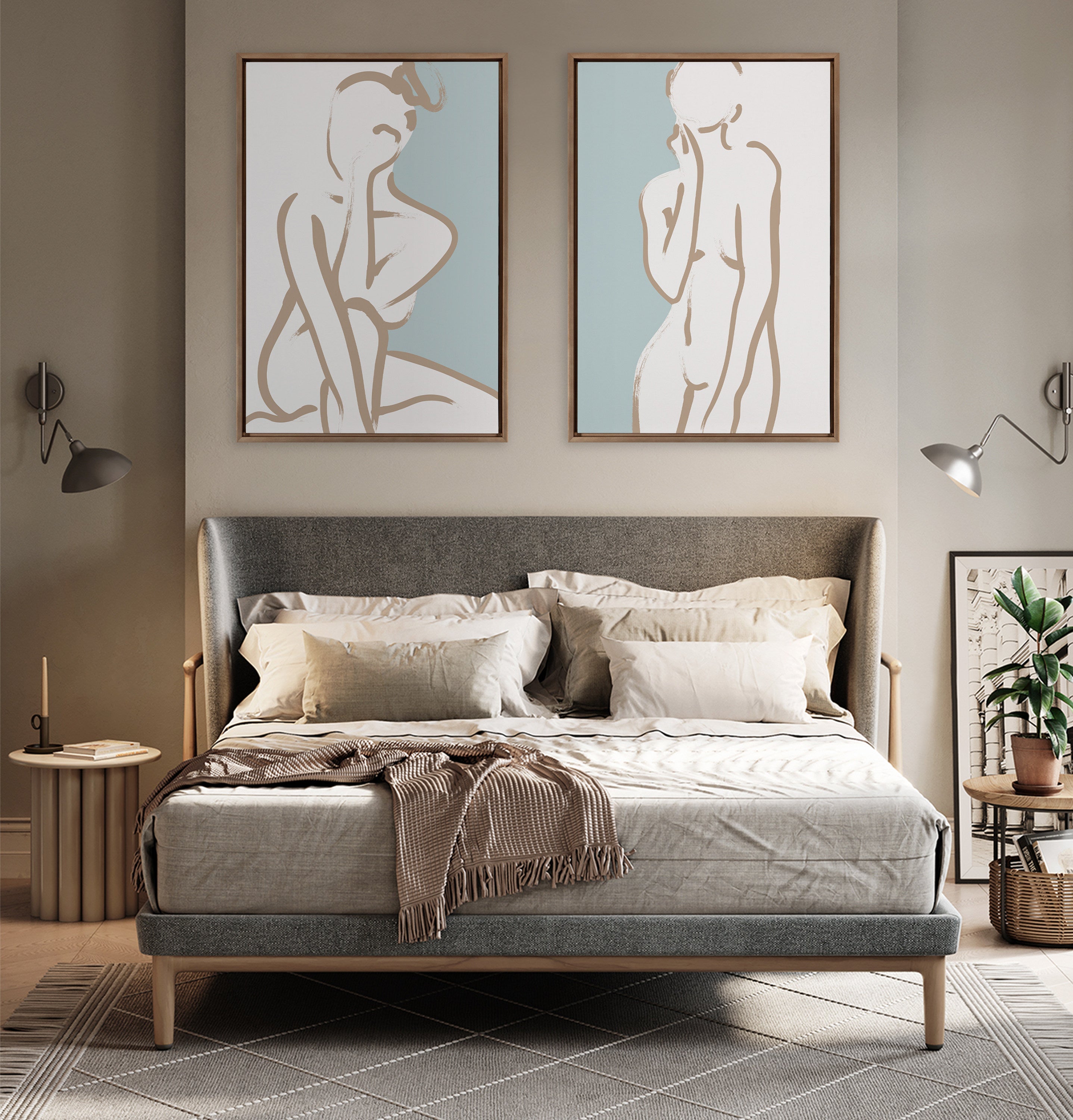 Sylvie Simple Romantic Line Art Drawing 1 Tan and Teal Framed Canvas by kateandlaurel - product image 5 for Resin Society