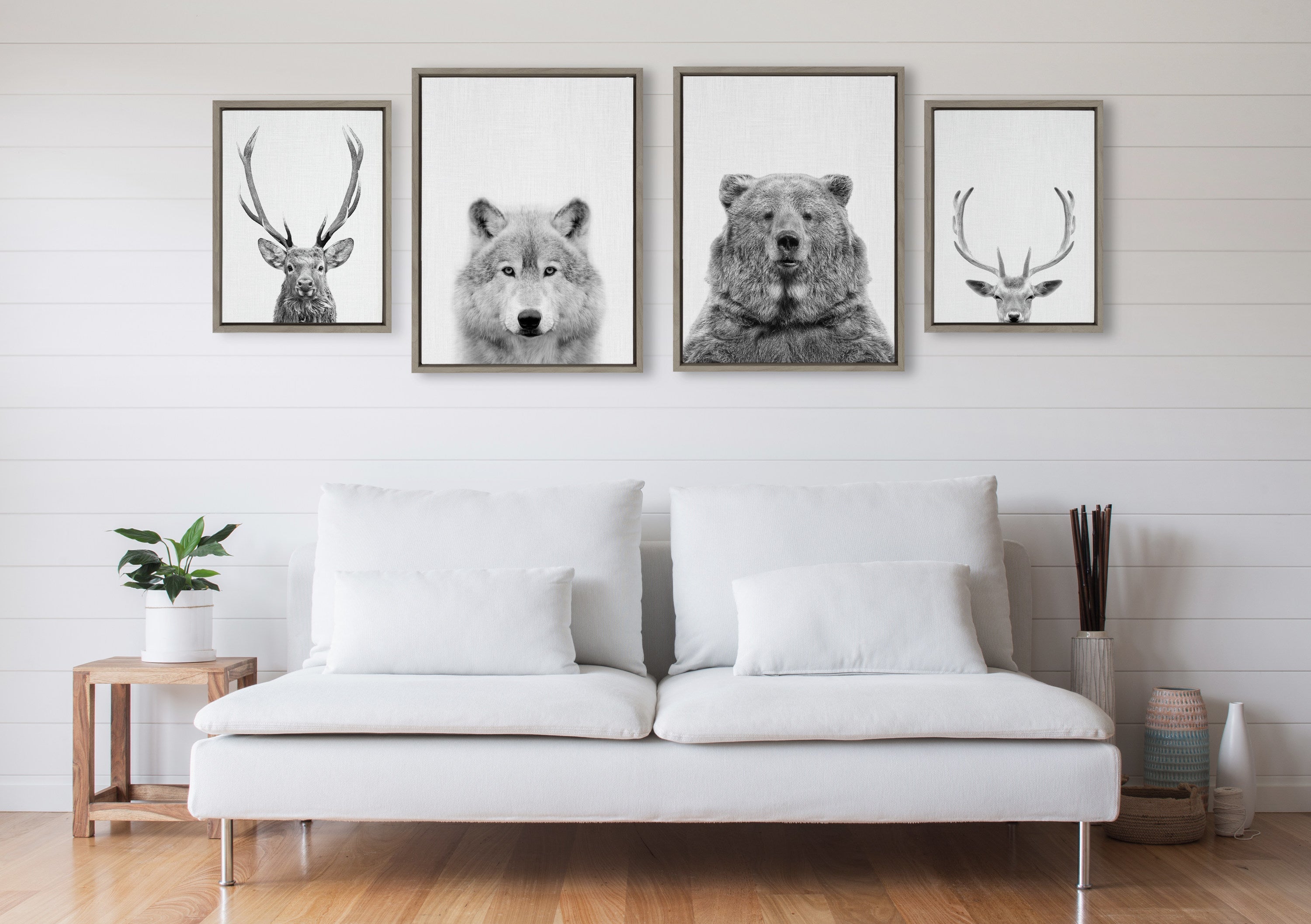 Sylvie Deer, Wolf, Bear European and Cervus Elaphus Black and White Framed Canvas Art Set