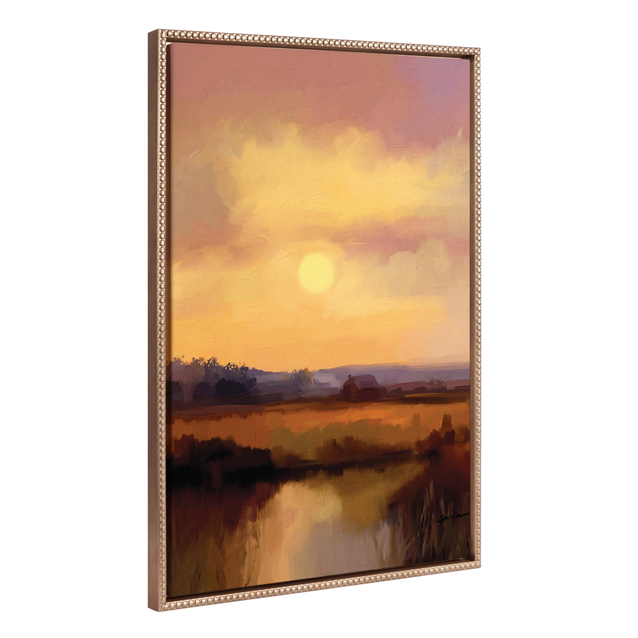Framed canvas art showing a farm landscape at sunset in a vintage beaded gold frame