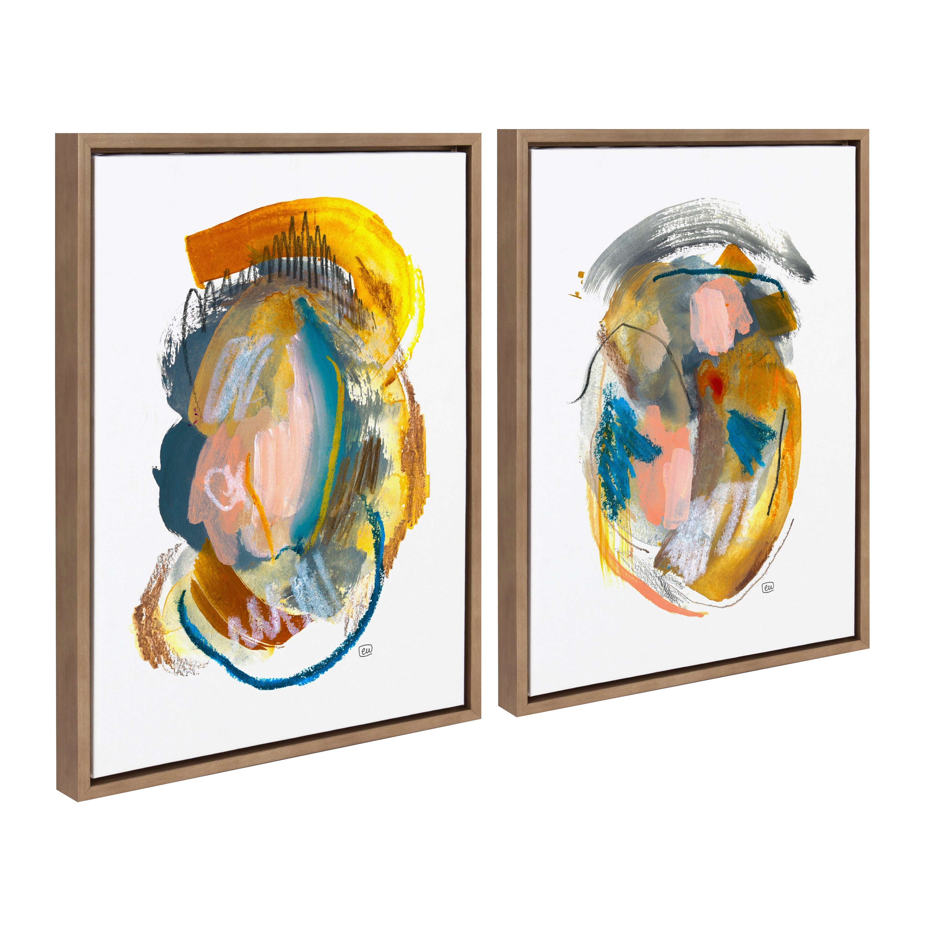 Two framed abstract canvas art pieces titled Sylvie Changes No 1 and 2 by Erika Wynn with light polystyrene frames