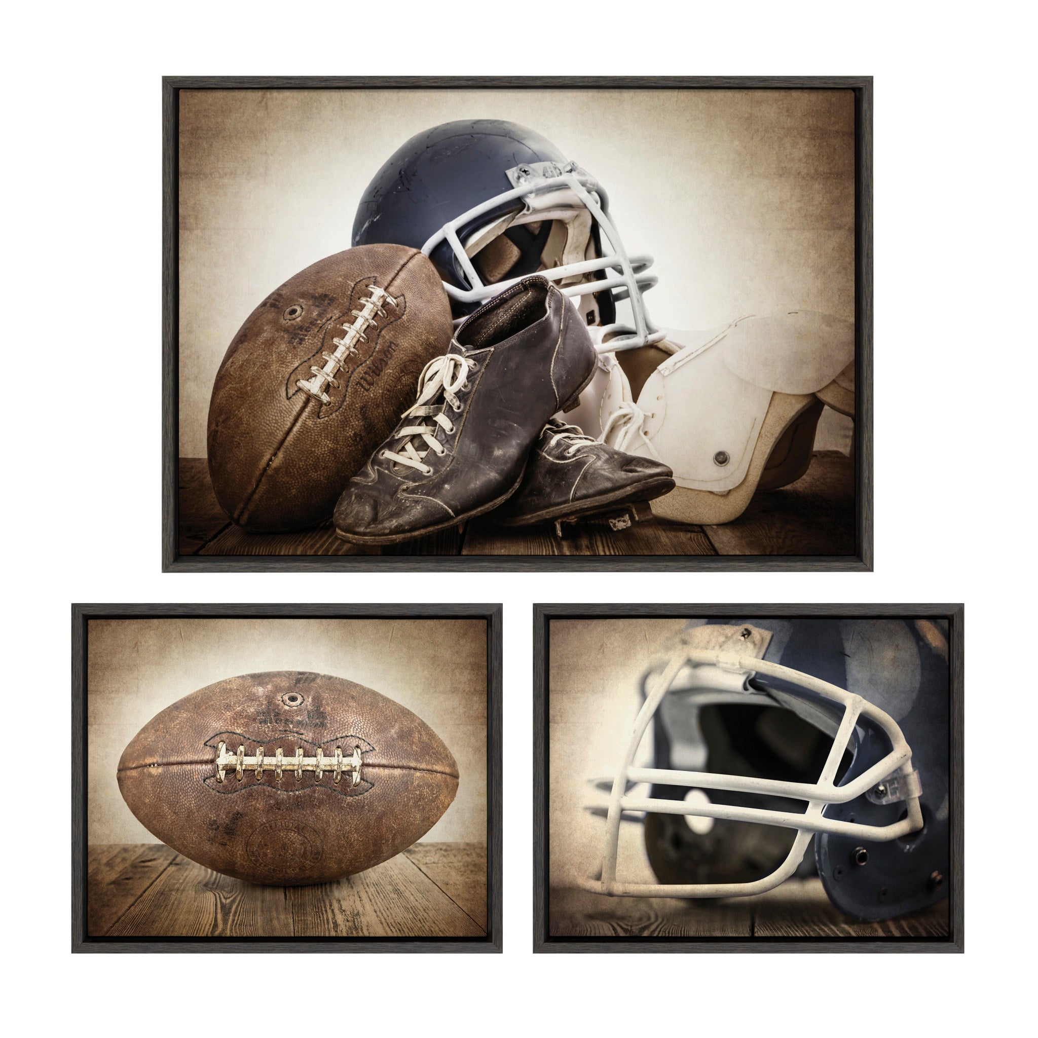 Three framed canvases with vintage football gear and helmet imagery in dark gray frames