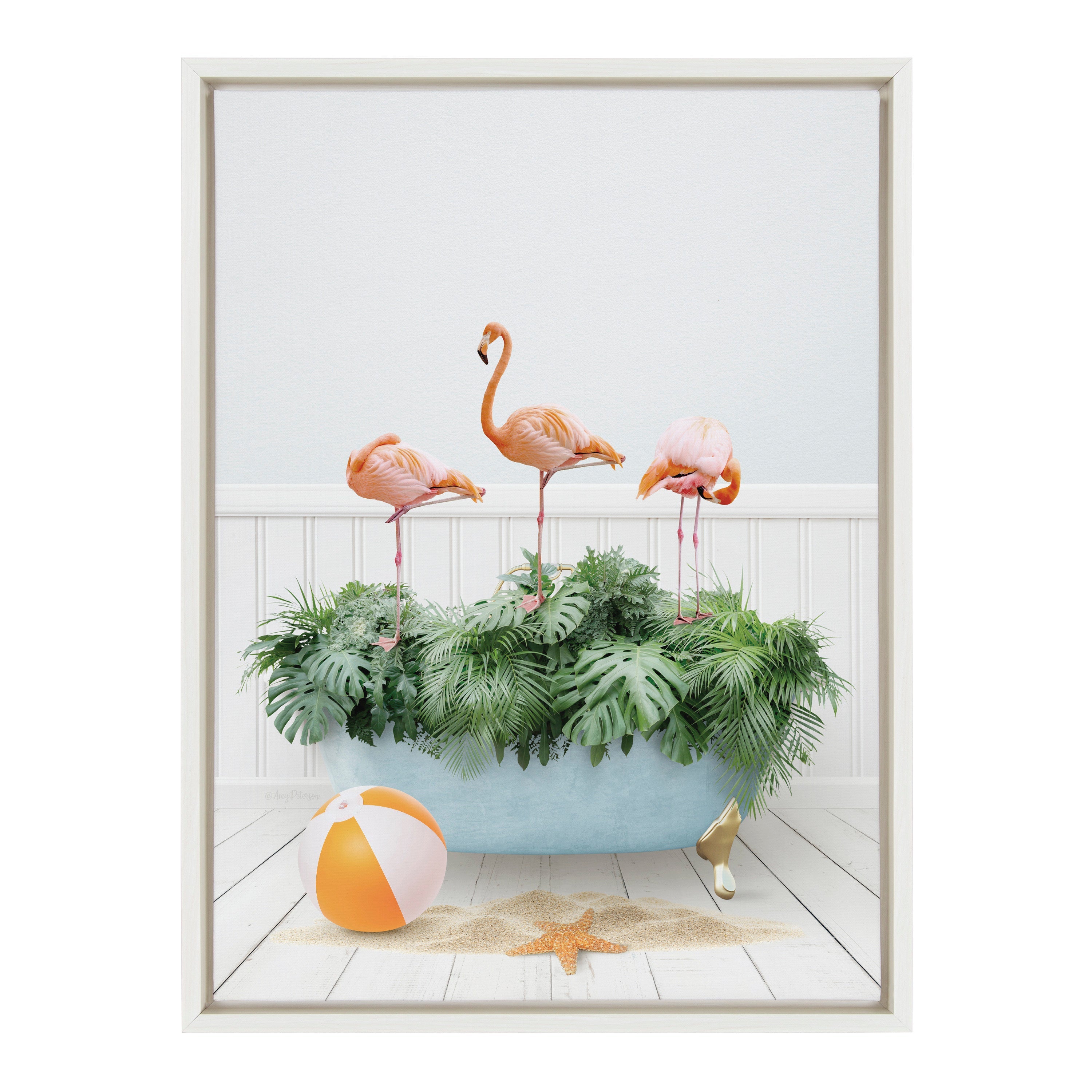 Sylvie Three Flamingos Beach House Bath Framed Canvas by Amy Peterson