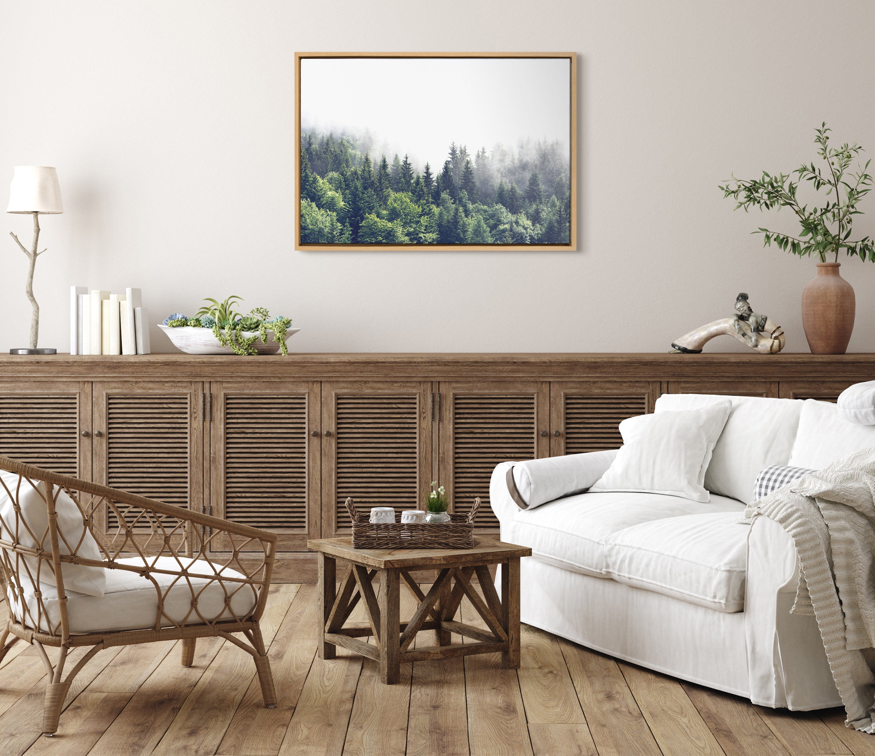 Sylvie Lush Green Forest On A Foggy Day Framed Canvas