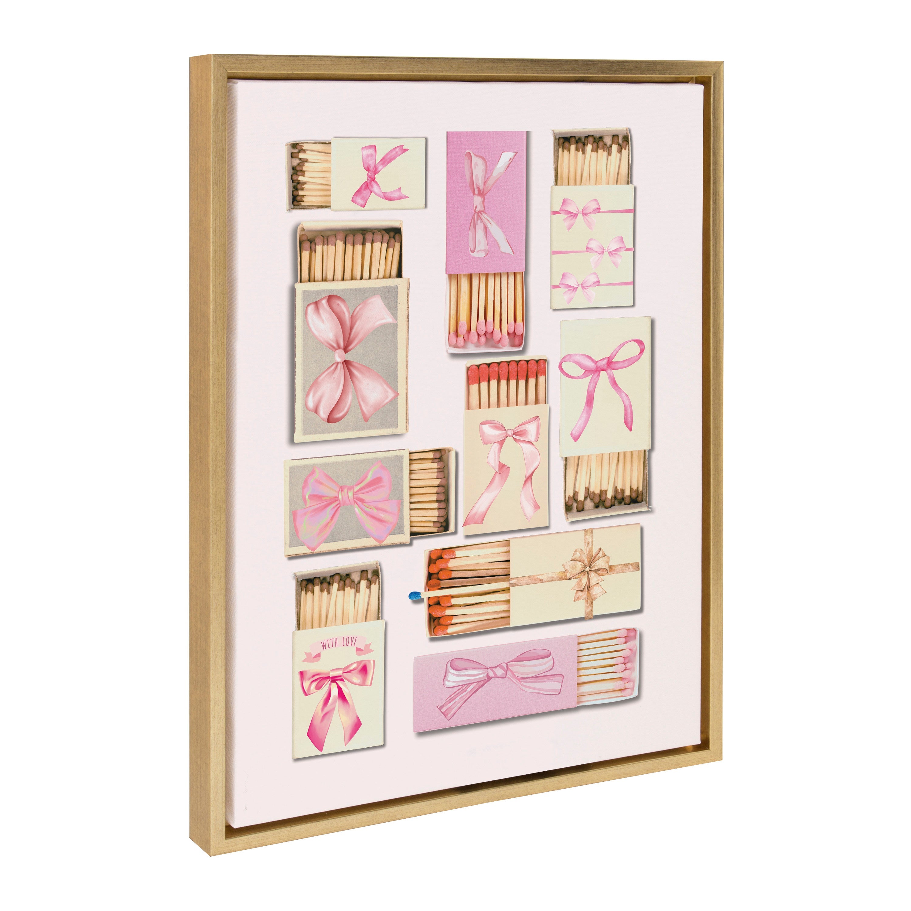 Sylvie Retro Matchboxes Bows framed canvas featuring retro matchbox illustrations and small bows on a neutral background