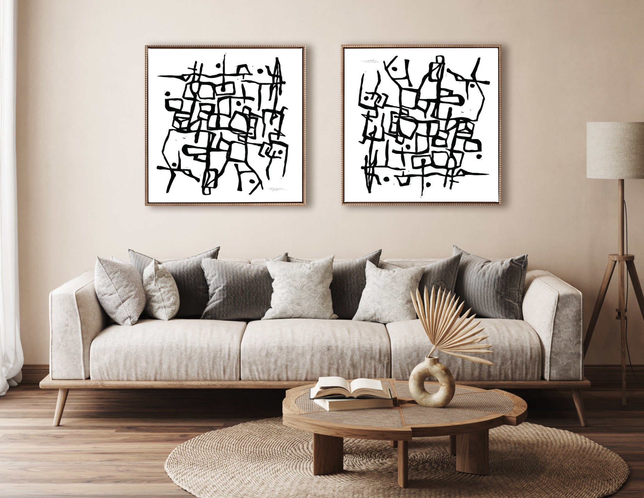 Sylvie Beaded Organic Lines Black and White Abstract Framed Canvas by Statement Goods