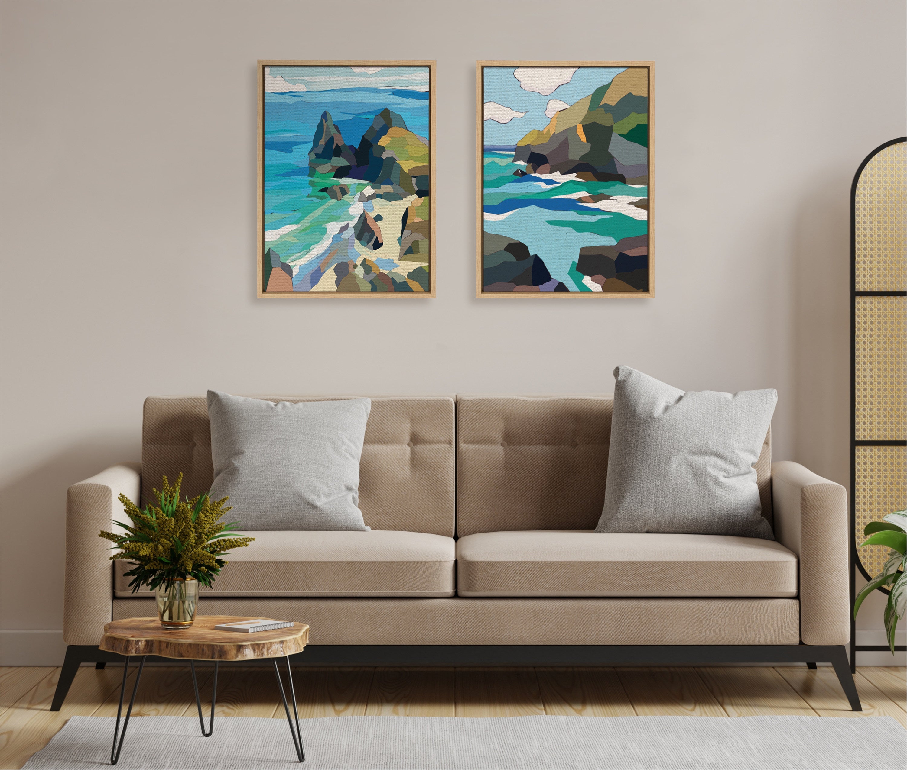 Sylvie Coast and Phi Phi on Neutral Linen Framed Canvas Art Set by Nikita Jariwala