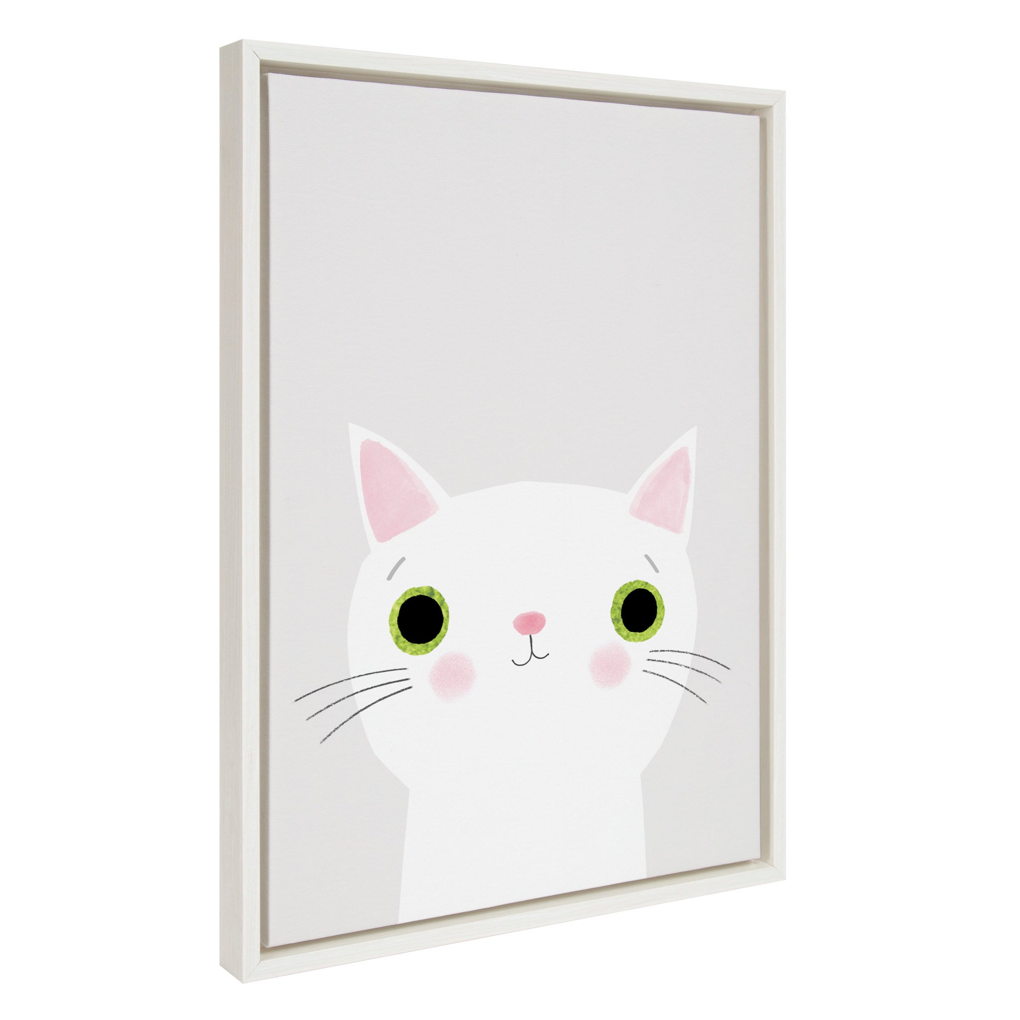 Framed canvas art titled 'Sylvie White Cat with Green Eyes' showing a white cat with green eyes on a wall