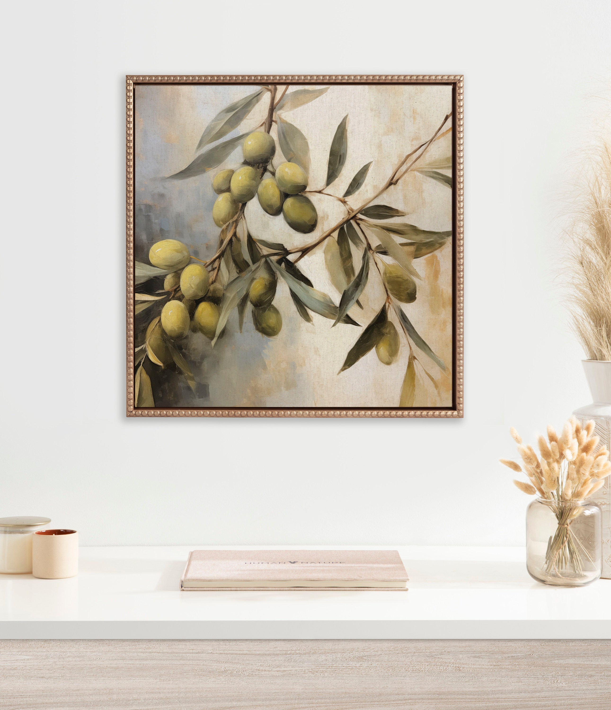 Sylvie Beaded Olive Tree Framed Canvas by The Creative Bunch Studio