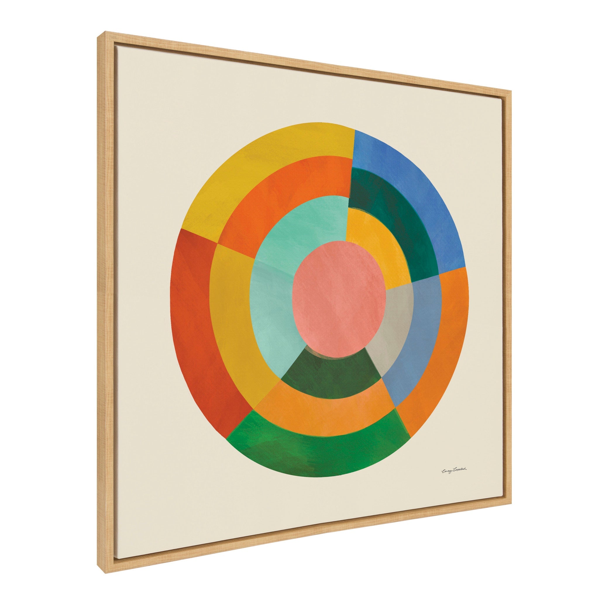 Sylvie Colorwheel Cream Framed Canvas by Carey Copeland with colorful geometric circle design in a cream-colored frame.