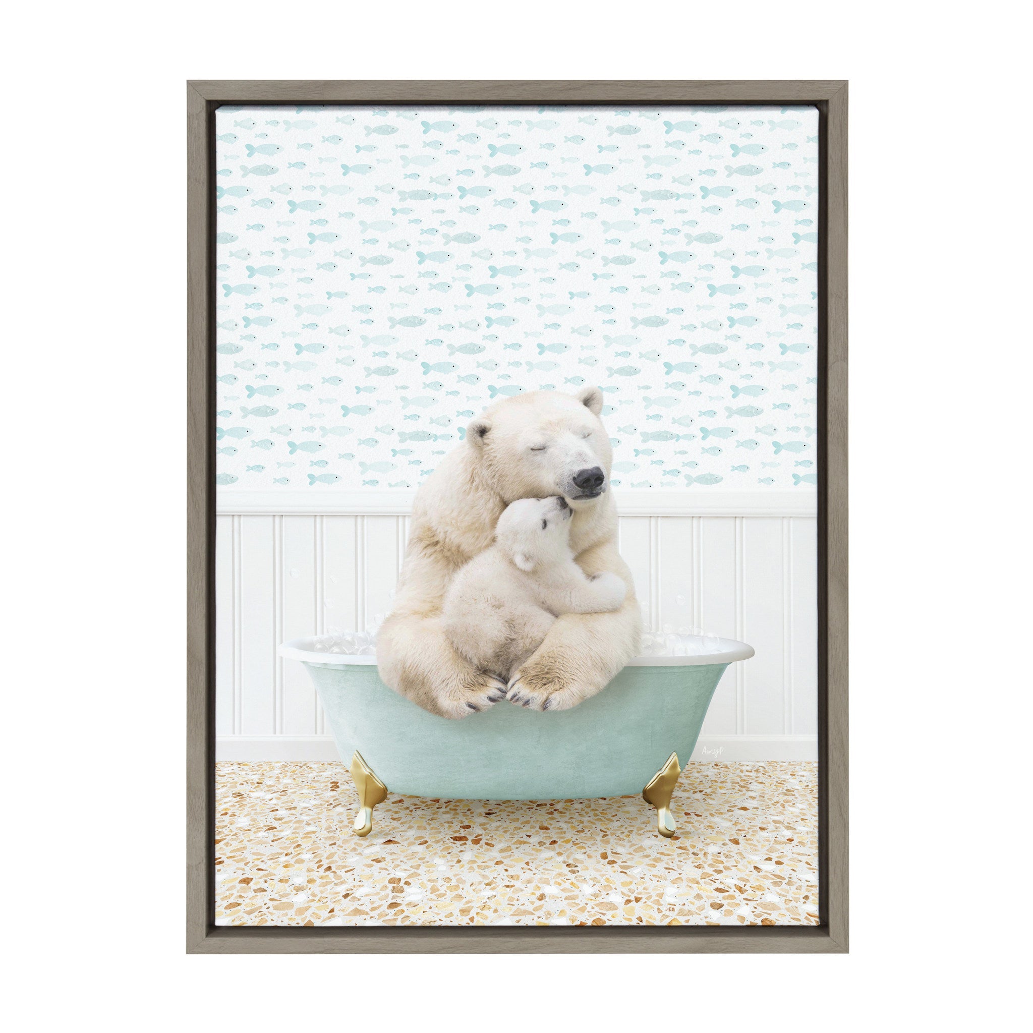 Sylvie Mother and Baby Polar Bear in Little Fish Bath Framed Canvas by Amy Peterson Art Studio