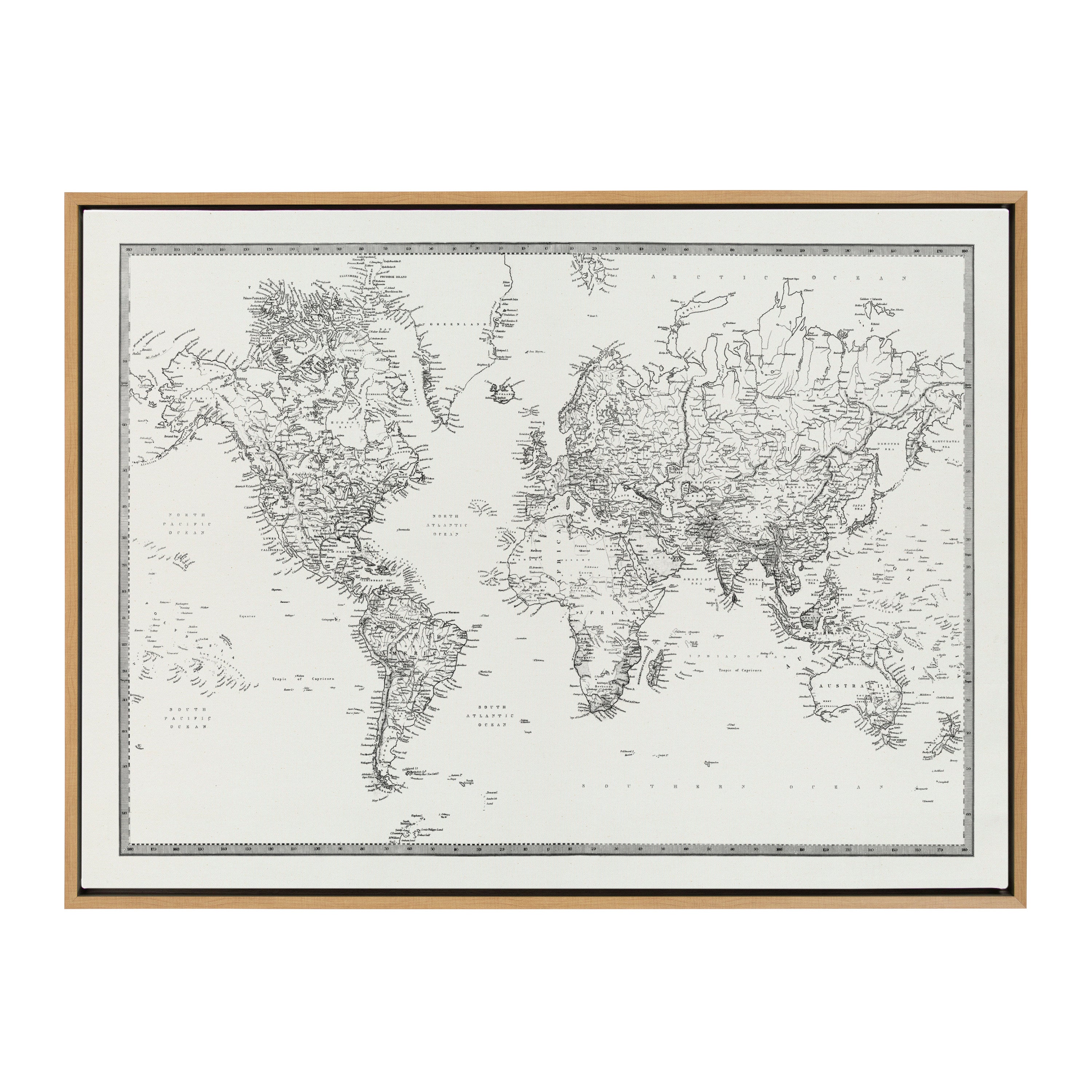 Sylvie Vintage Black and White World Map Framed Canvas by The Creative
