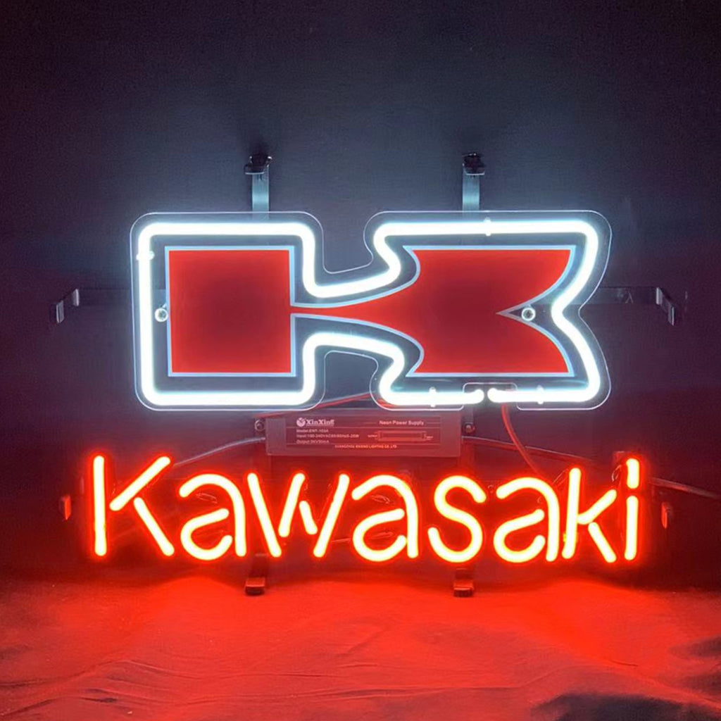 Kawasaki Beer Neon Sign Light in green and red, mounted on metal grid backing