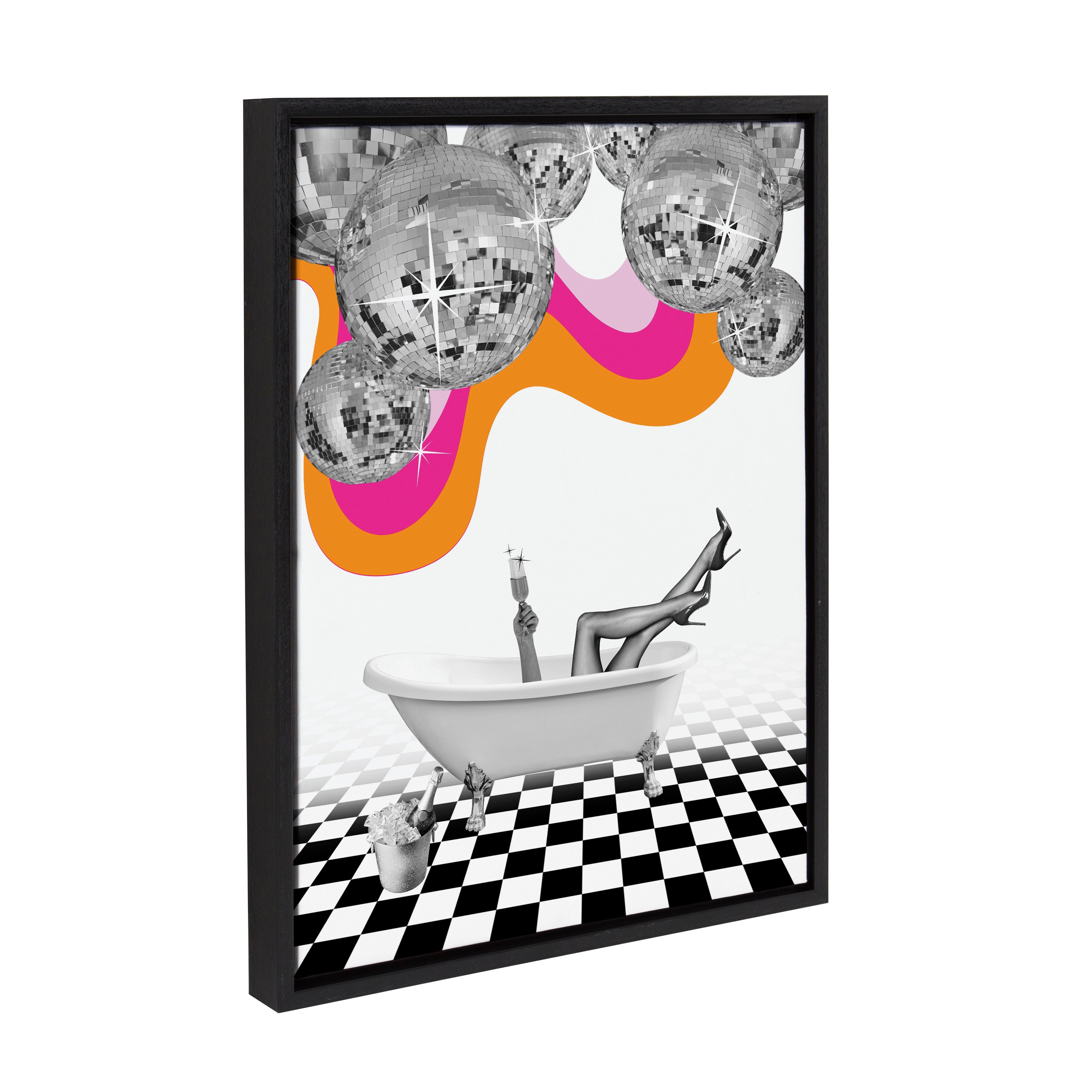 Sylvie Disco Bathtub framed canvas art showing a colorful disco-themed bathroom scene.