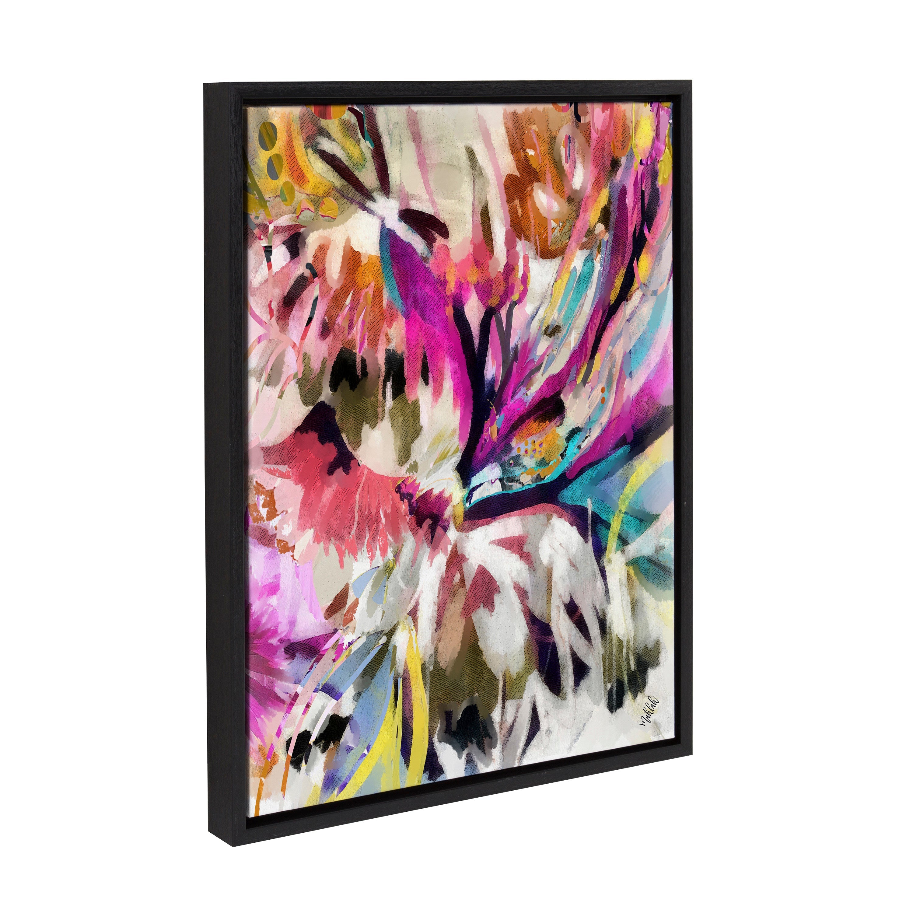 Sylvie Amaze framed abstract canvas art with vibrant colors in a black floating frame on a blue wall