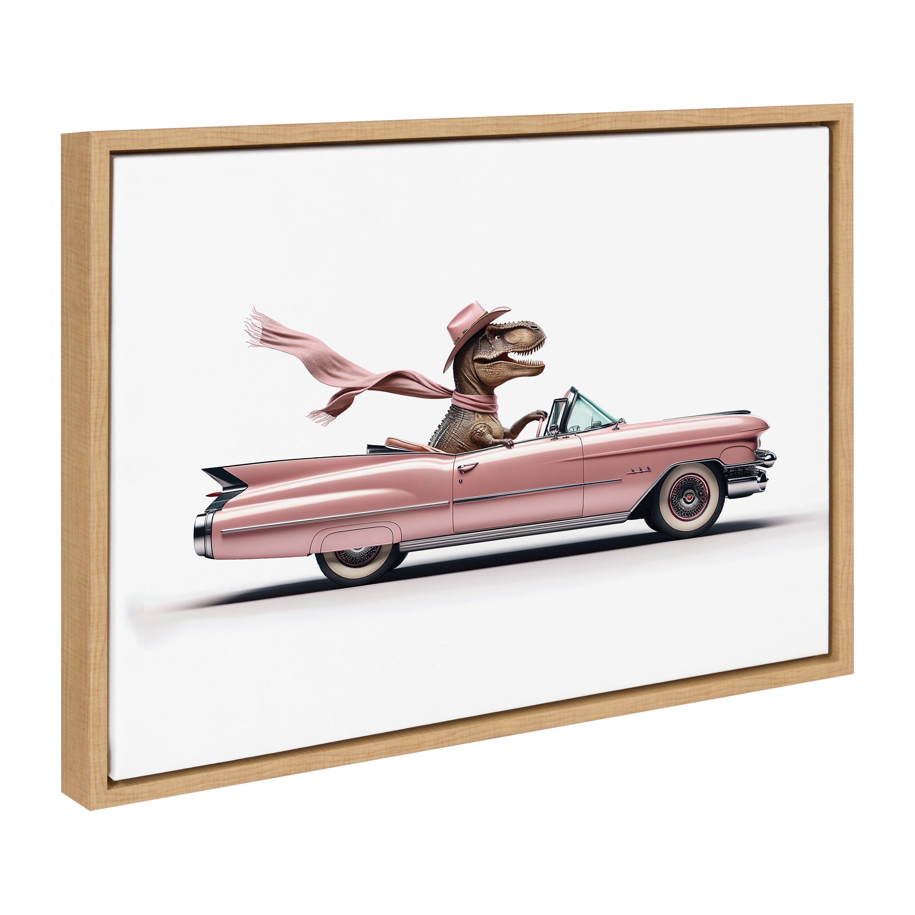 Framed canvas art of a cowgirl dinosaur driving a 1950s pink Cadillac
