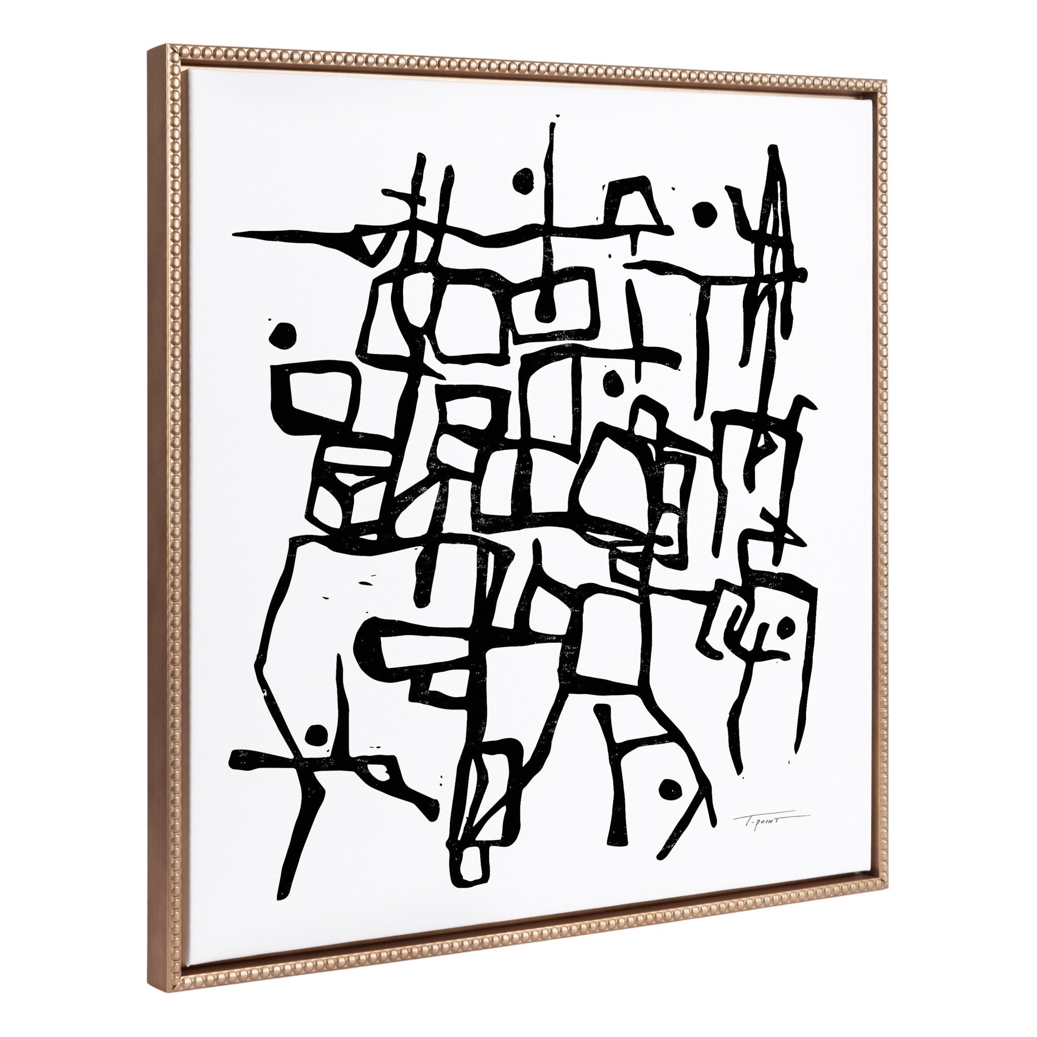 Sylvie Beaded Organic Lines black and white abstract framed canvas with gold frame hung on a neutral wall