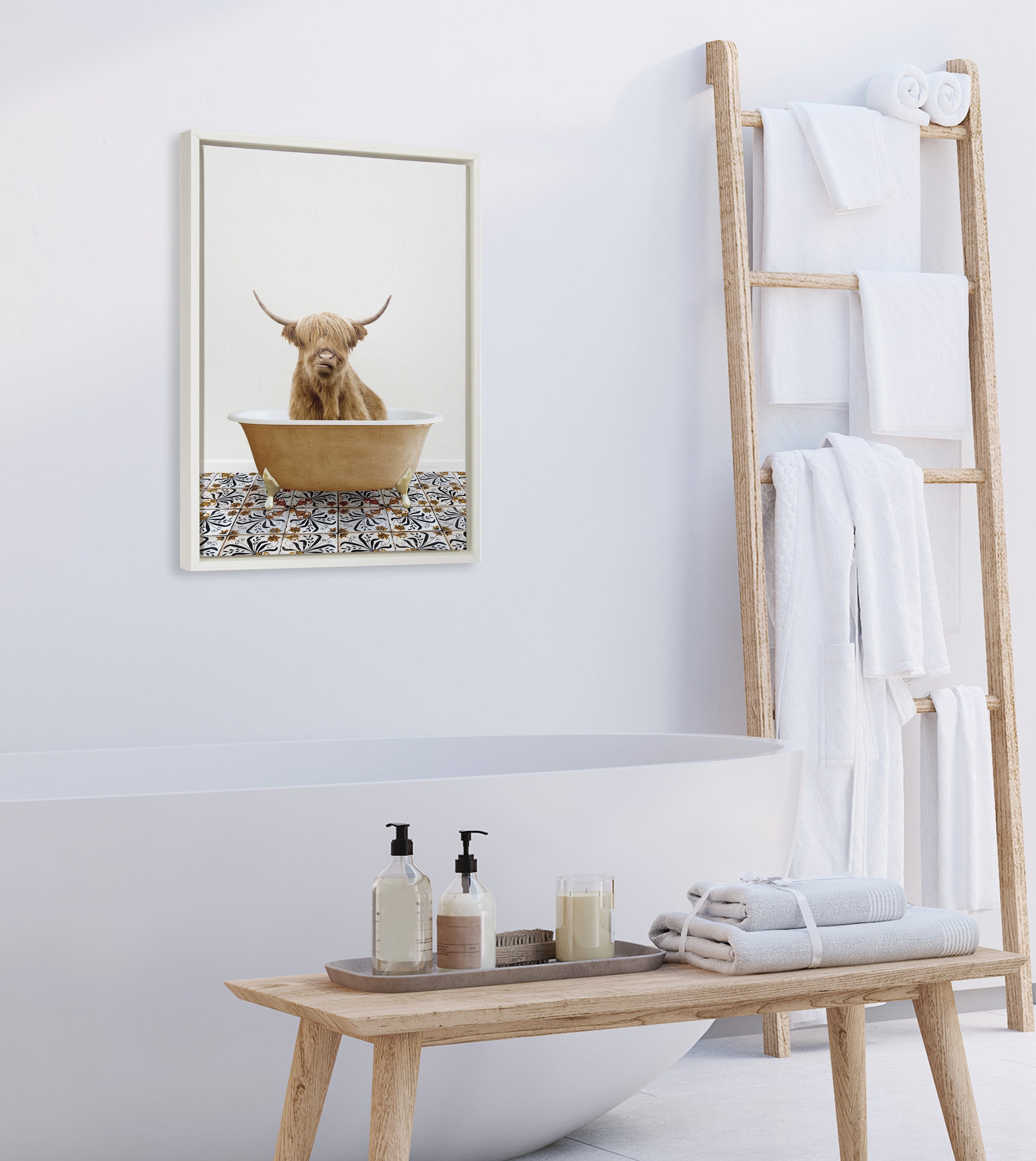 Sylvie Highland Cow In Mediterranean Bath Framed Canvas by kateandlaurel - product image 10 for Resin Society