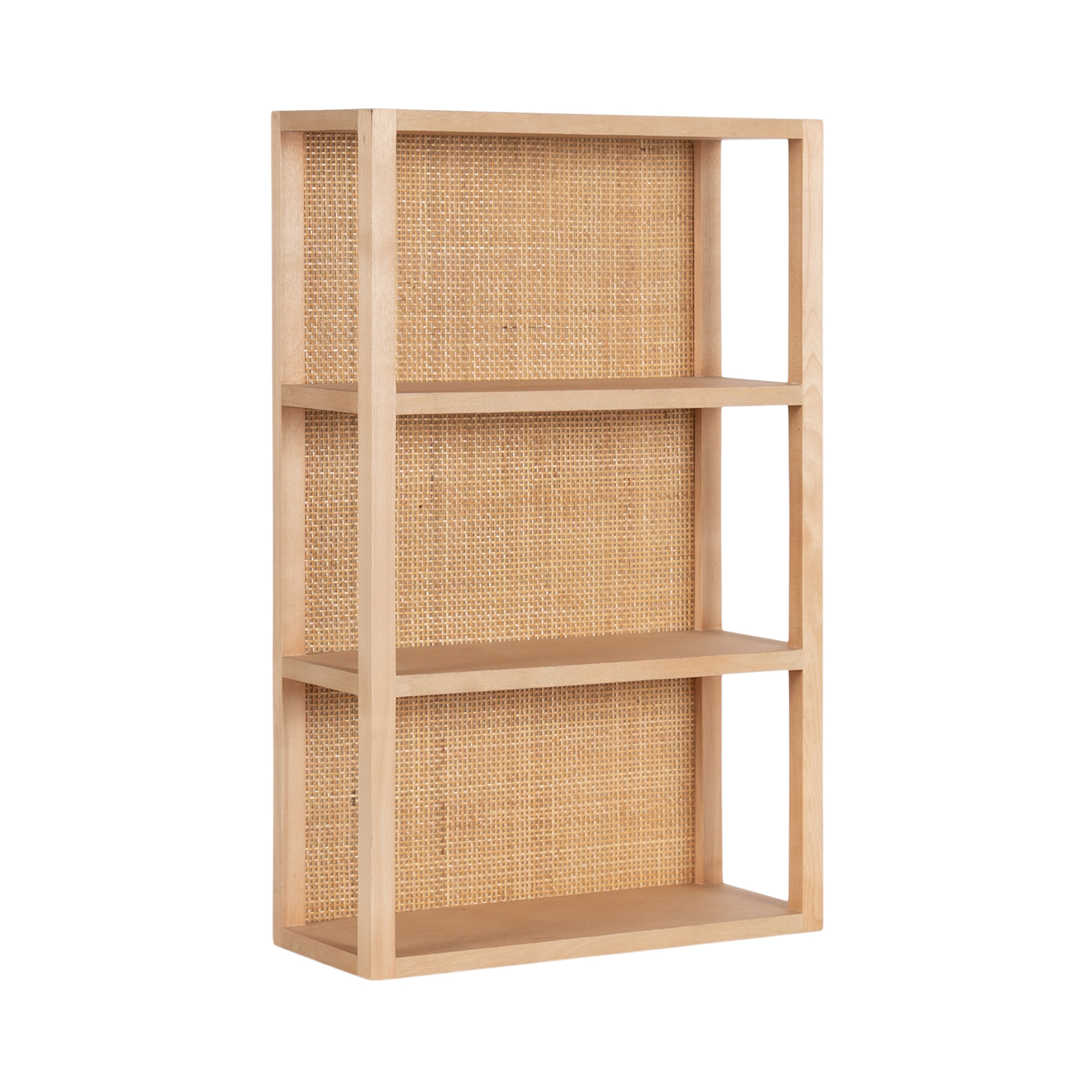 Ori Rattan/Wood Wall Shelf mounted on wall displaying plants and decorative objects