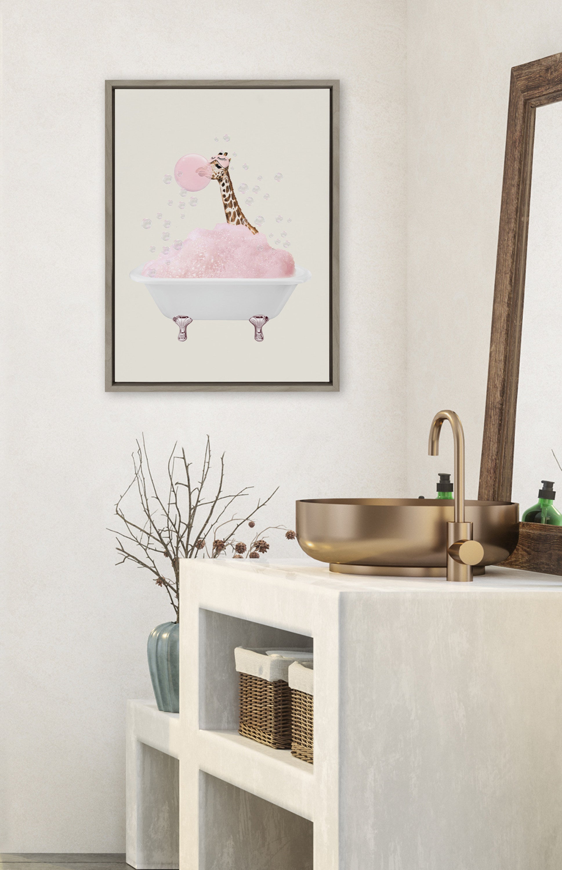 Sylvie Giraffe Taking a Bath Framed Canvas by July Art Prints